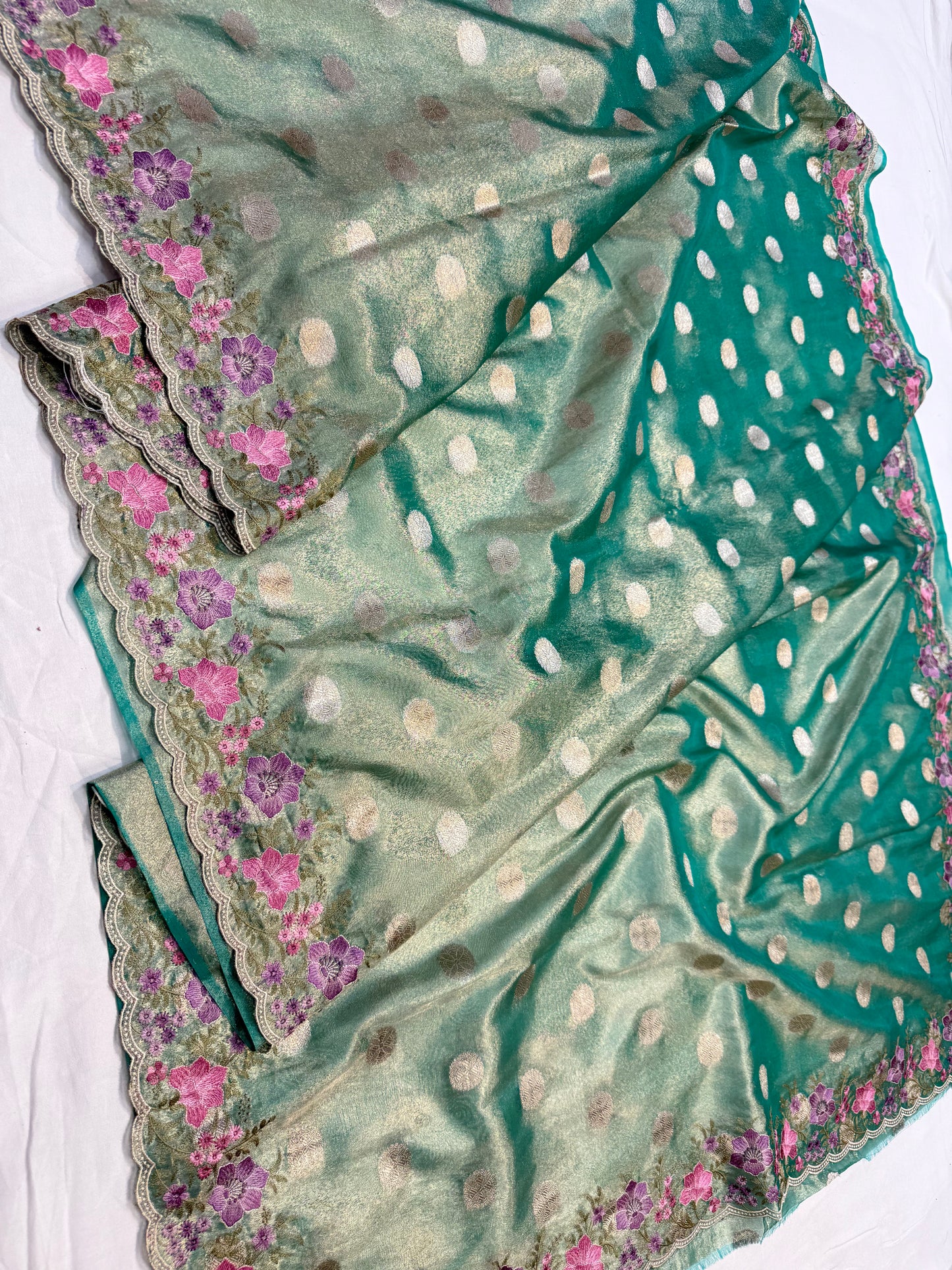 Sea green tissue cutwork embroidery premium designer Banarasi saree