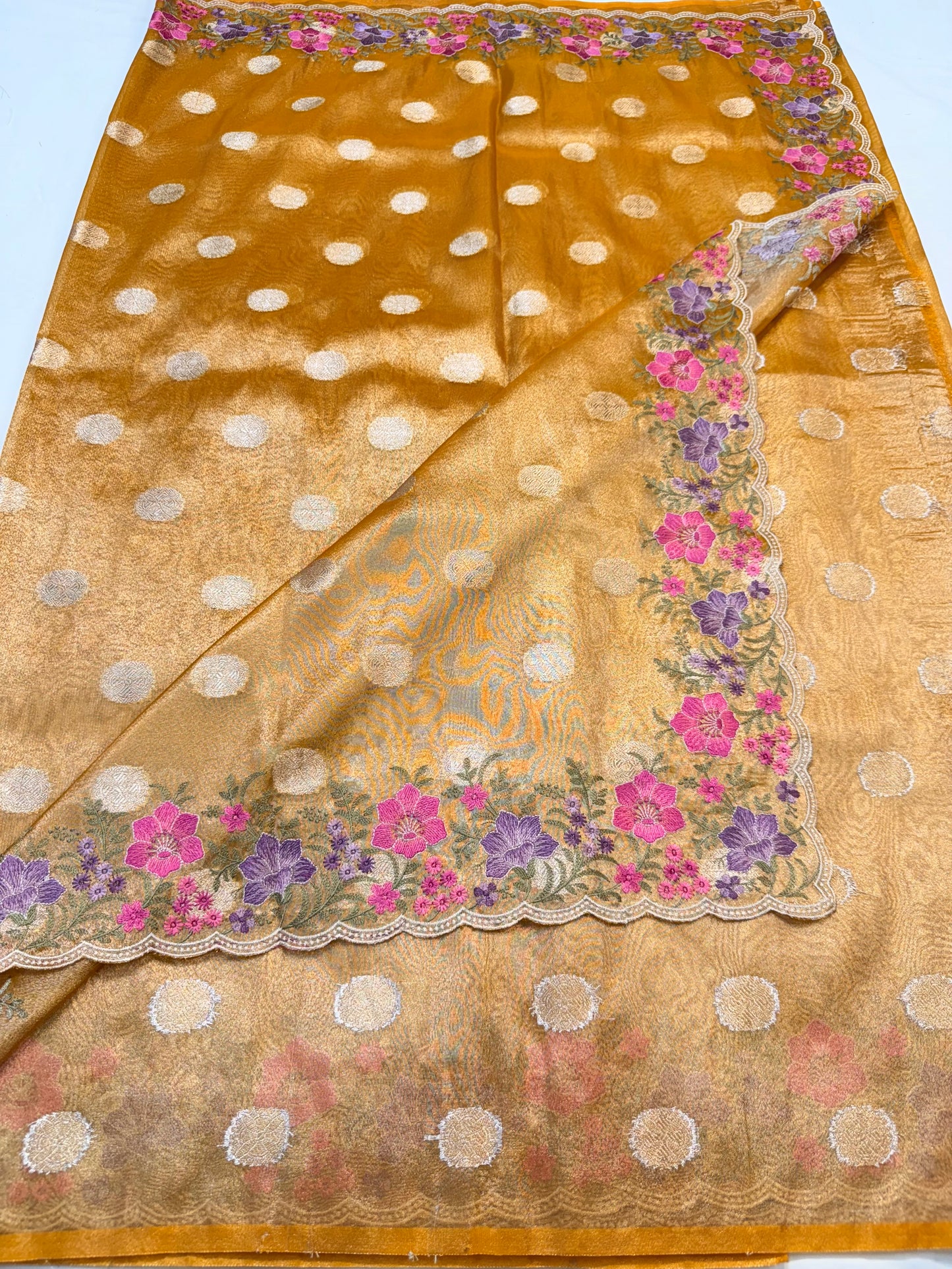 Gold tissue cutwork embroidery premium designer Banarasi saree