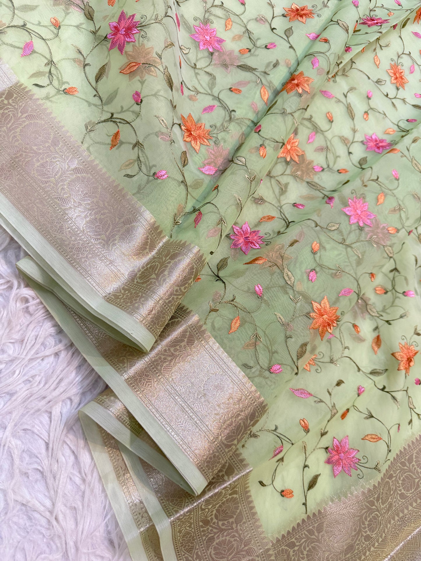 Pista green shade kora organza embroidery Banarasi saree