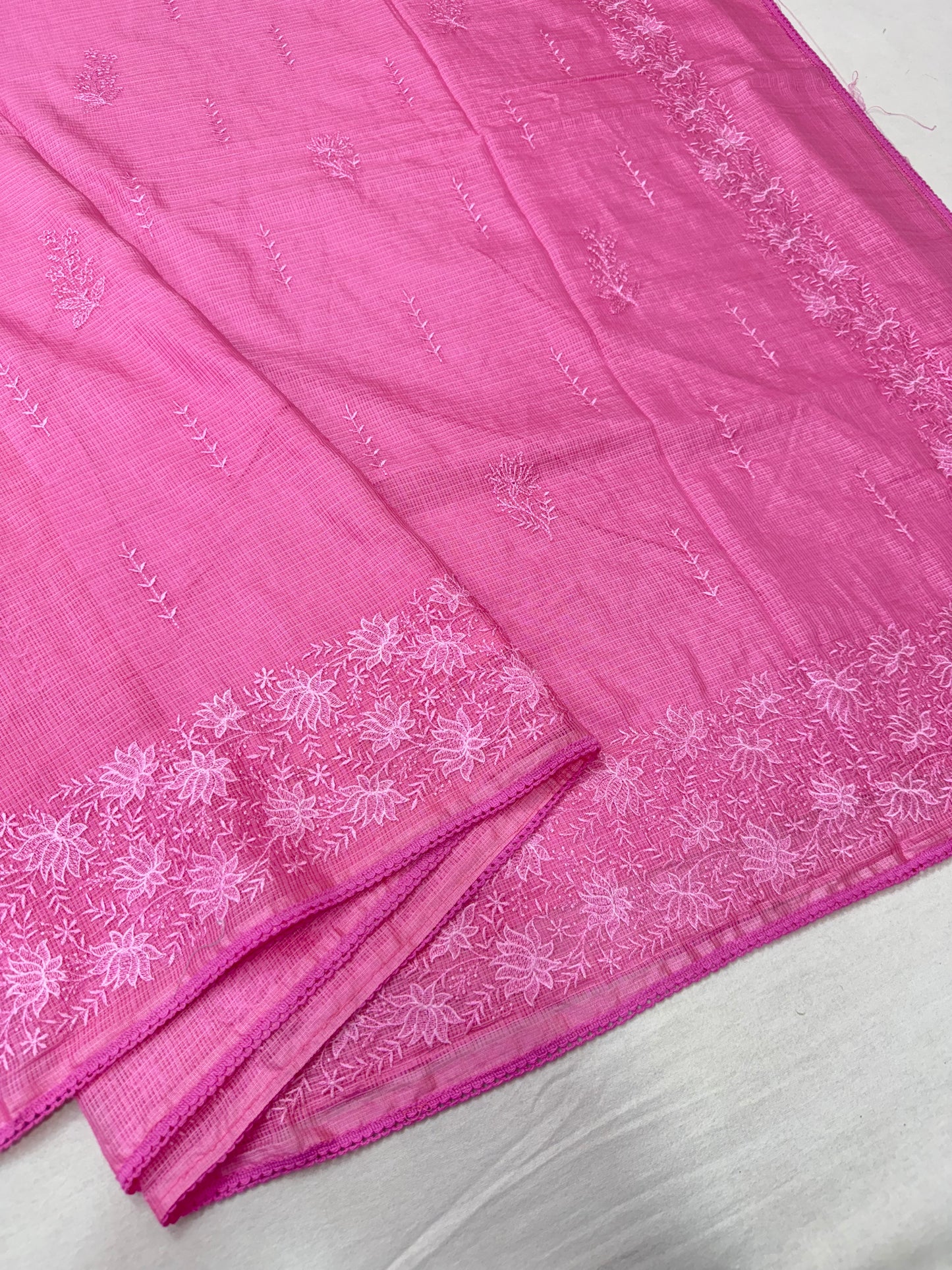 Pink shade cotton kota chickenkari embroidery Banarasi saree