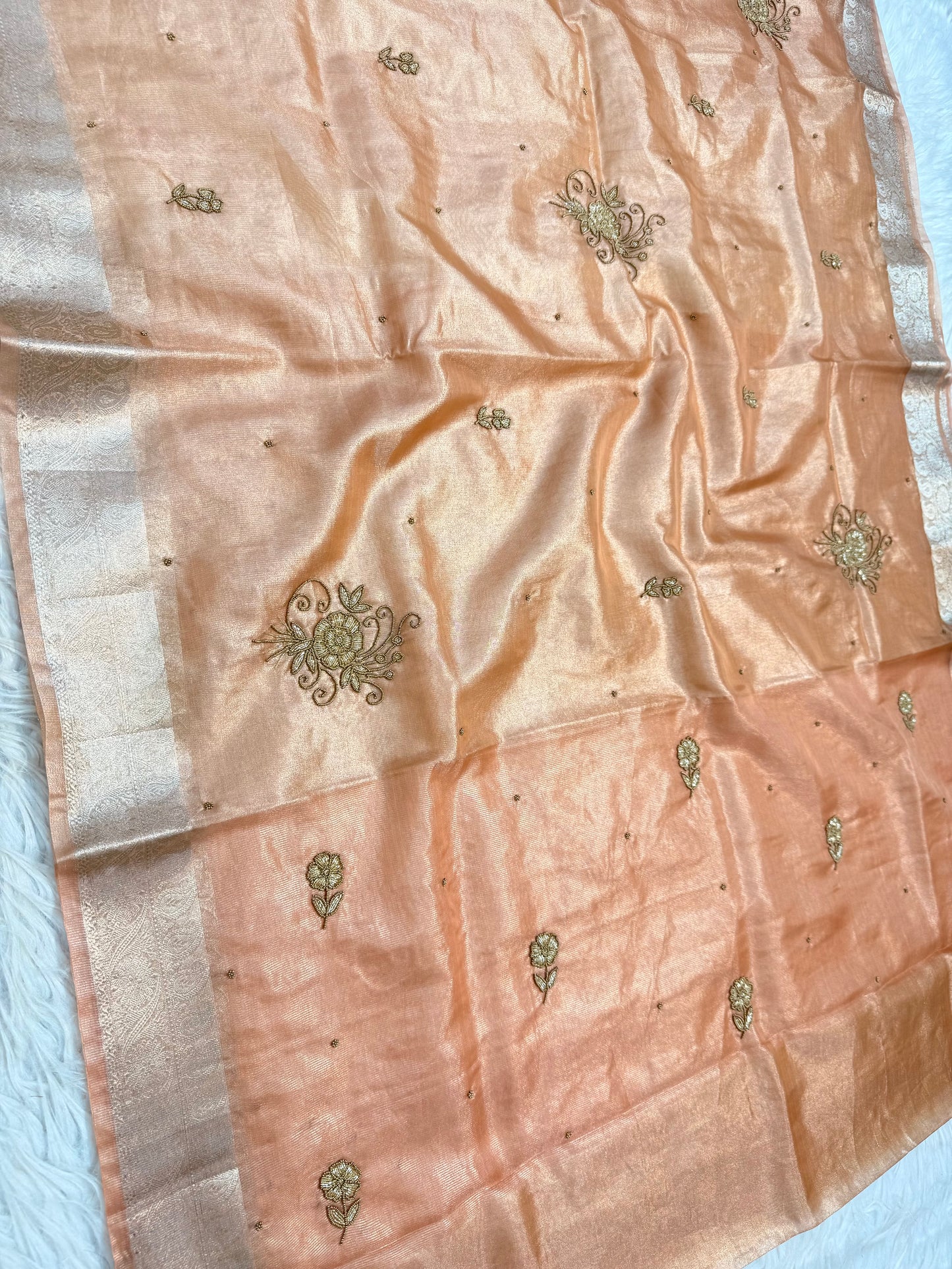 Peach shade tissue ari & zardosi work designer Banarasi saree