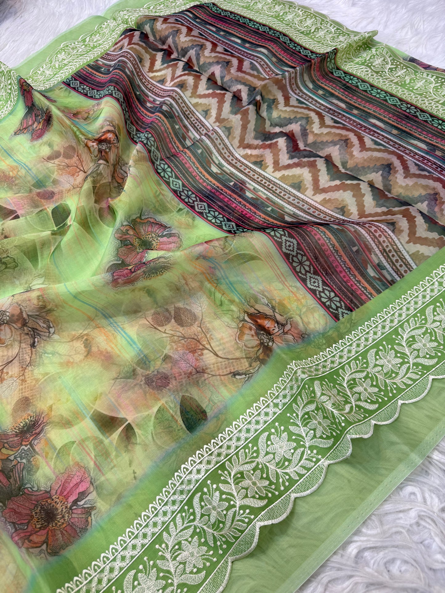 Pista green multi shade kora organza digital print embroidery Banarasi saree