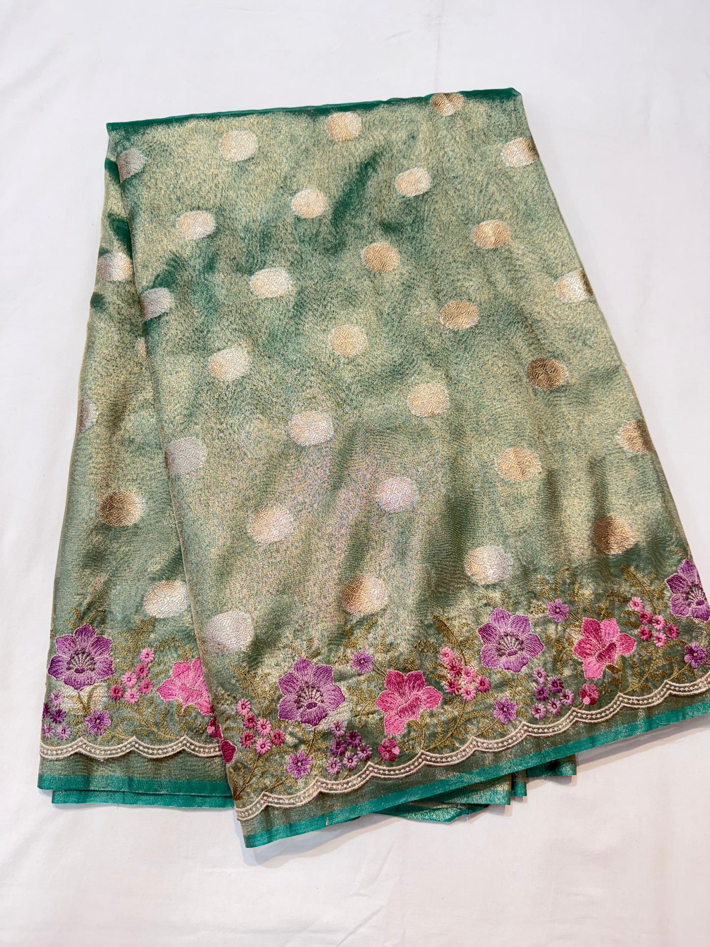 Sea green tissue cutwork embroidery premium designer Banarasi saree