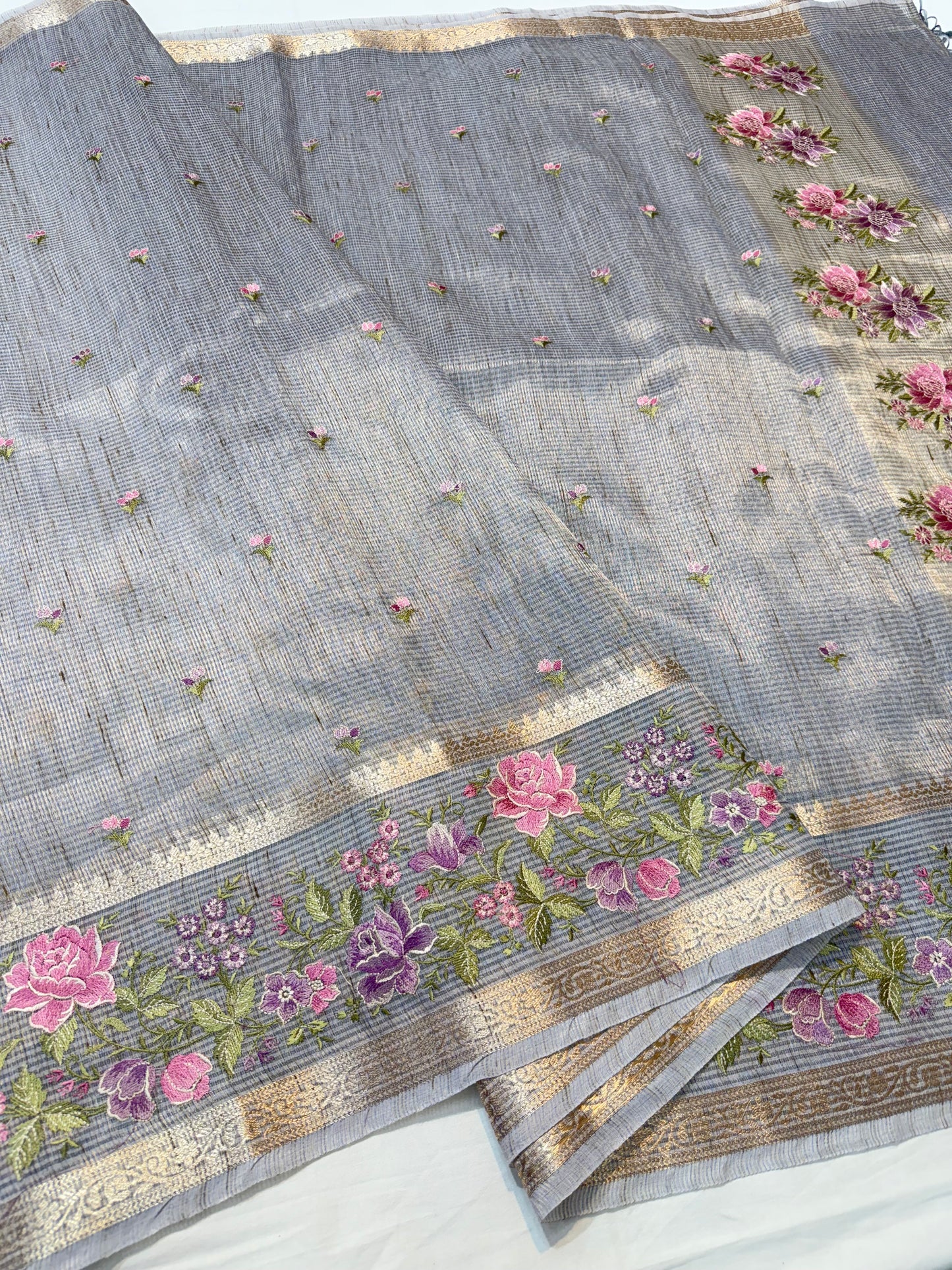 Silver shade tissue linen designer embroidery Banarasi saree