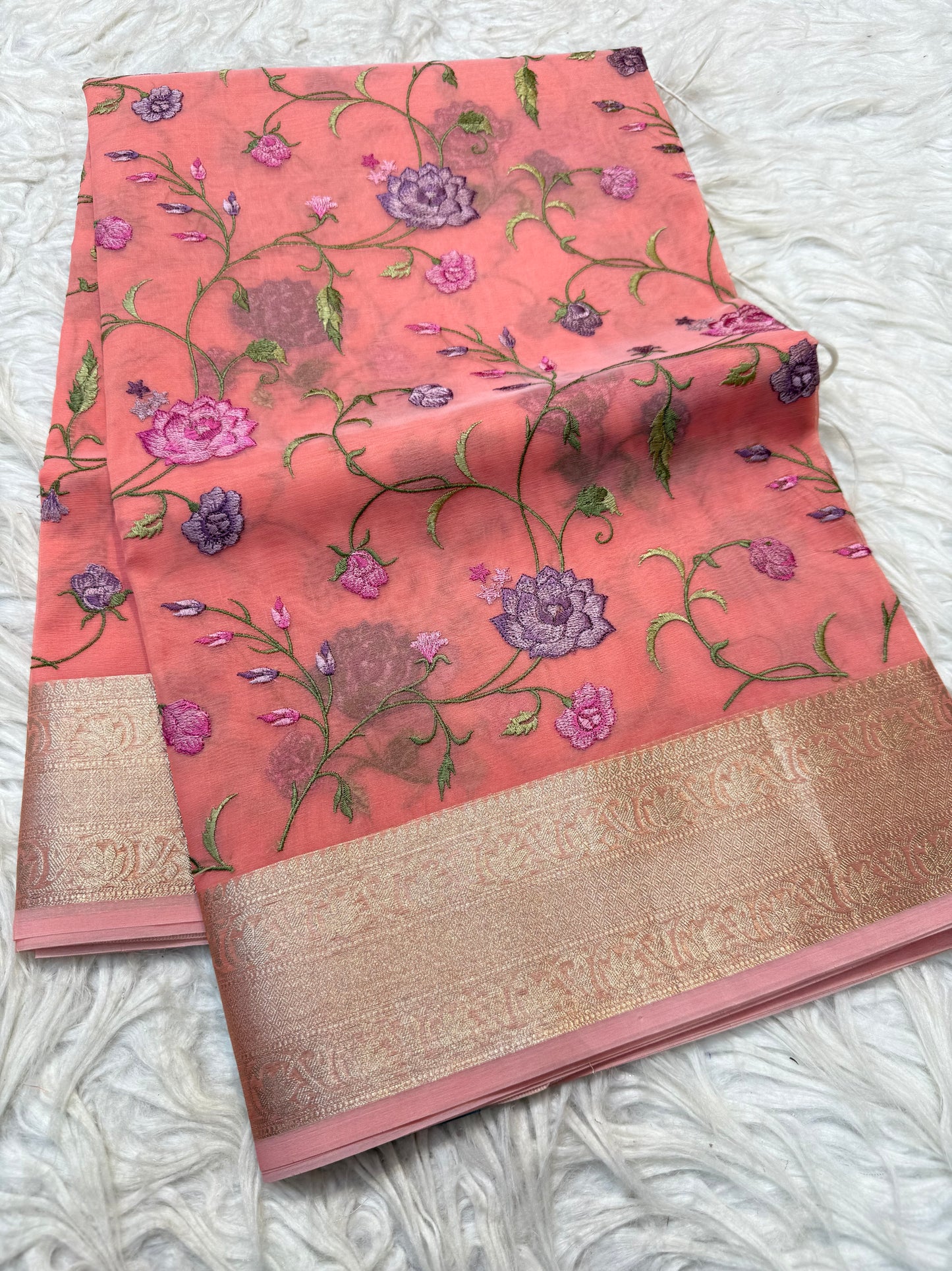 Peach shade organza embroidery Banarasi saree
