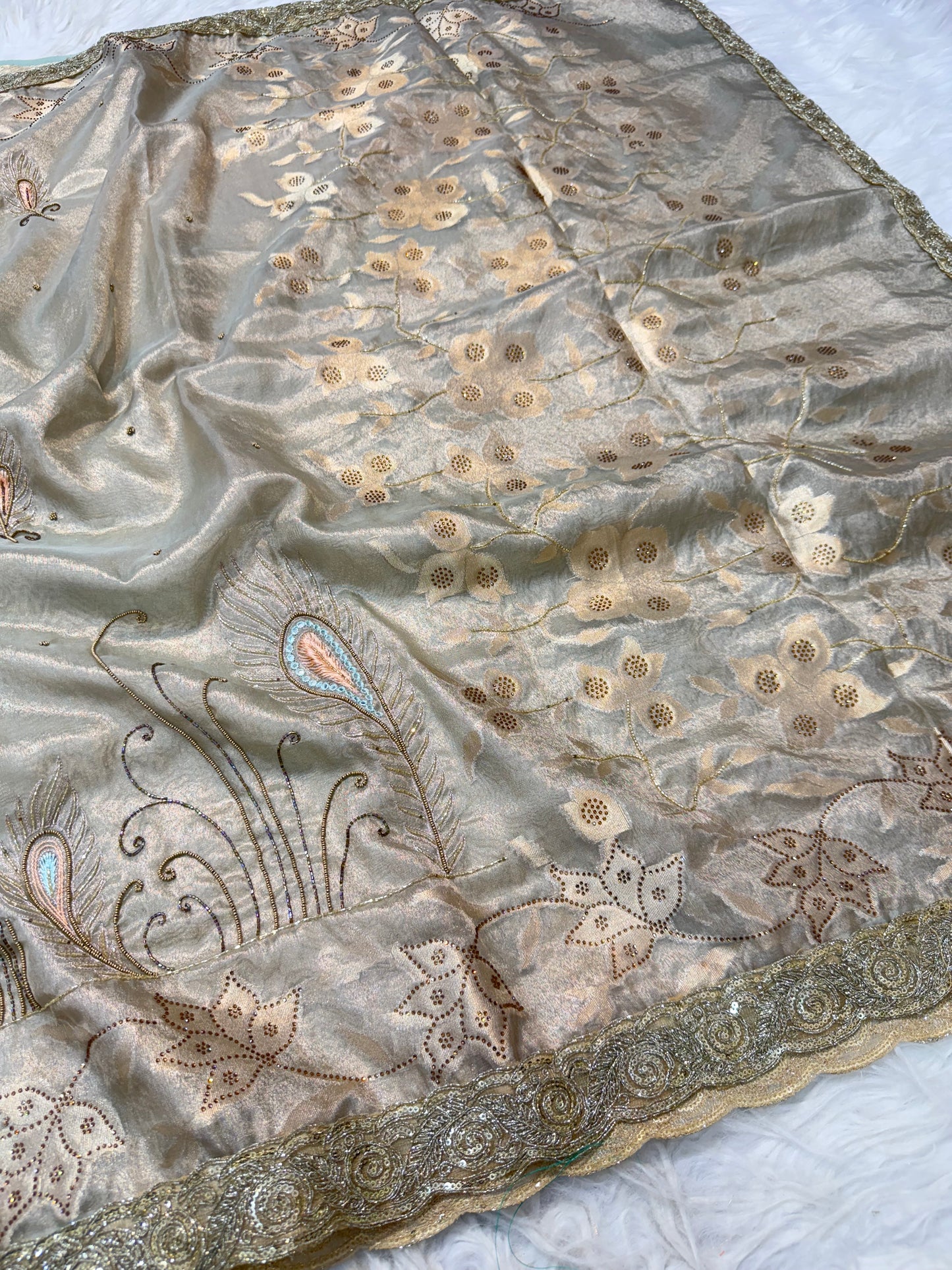 Pista green shade tissue ari & zardosi work designer premium Banarasi saree