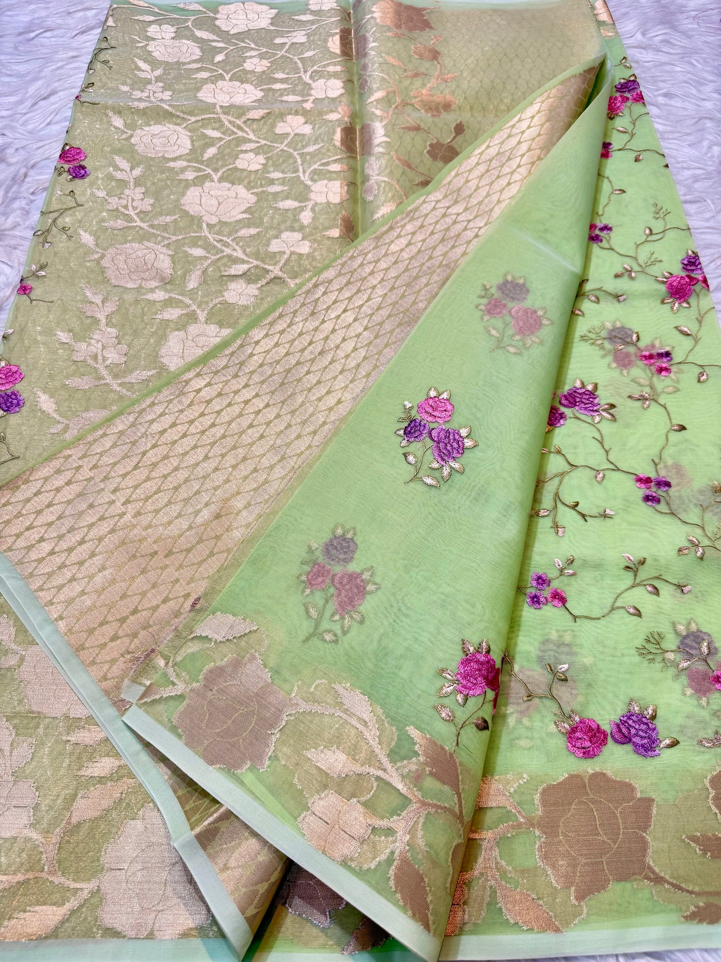 Pista green shade kora organza embroidery Banarasi saree