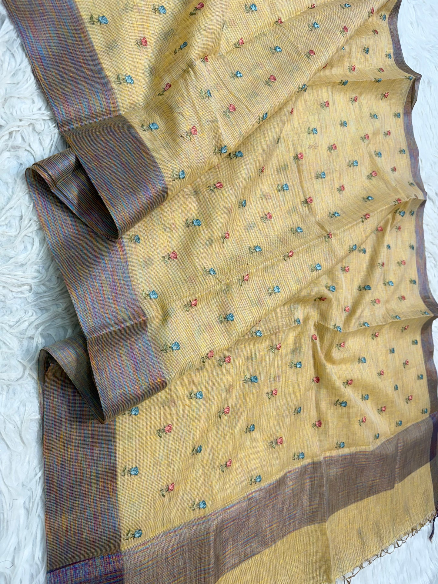 Mustard shade linen embroidery Banarasi saree