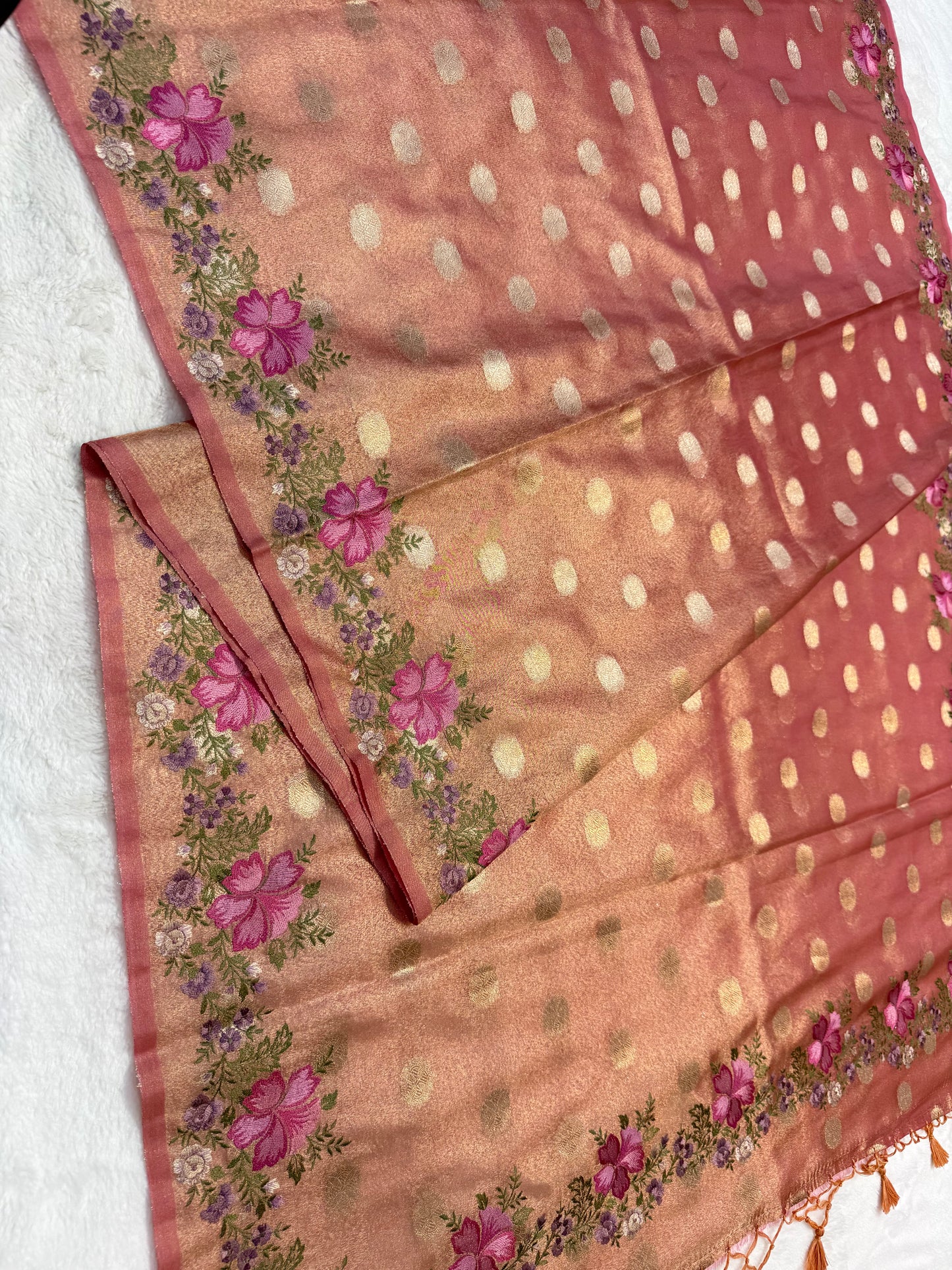 Peach shade tissue cutwork embroidery premium designer Banarasi saree
