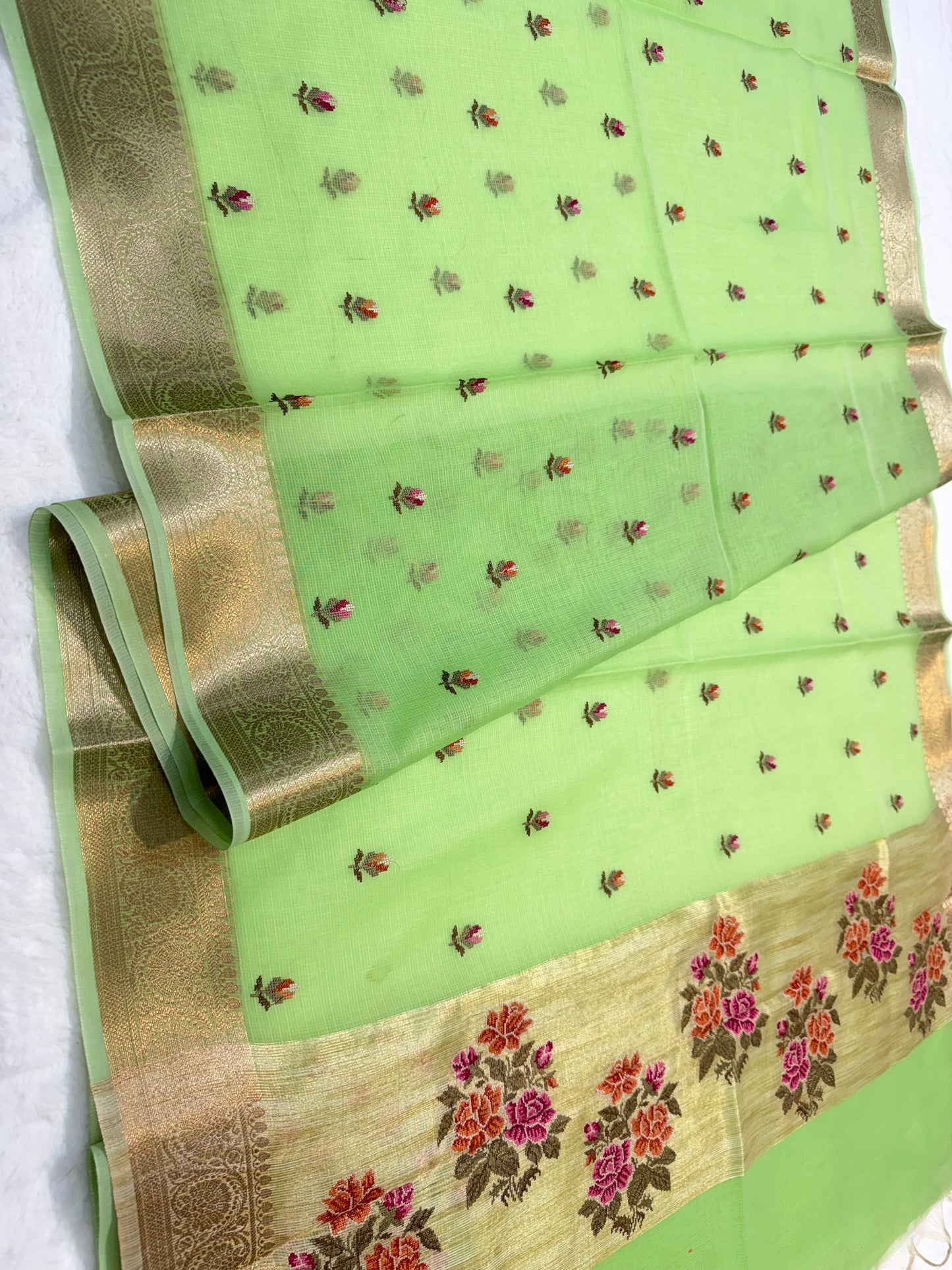 Pista green shade cotton kota embroidery Banarasi saree