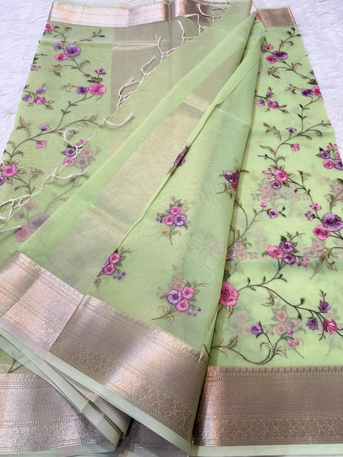 Pista shade organza embroidery Banarasi saree