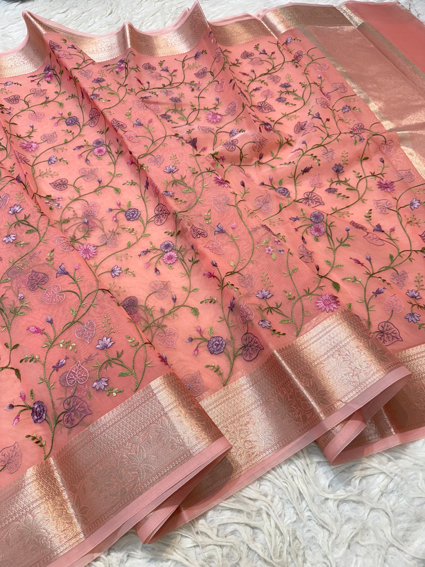 Peach shade organza embroidery Banarasi saree