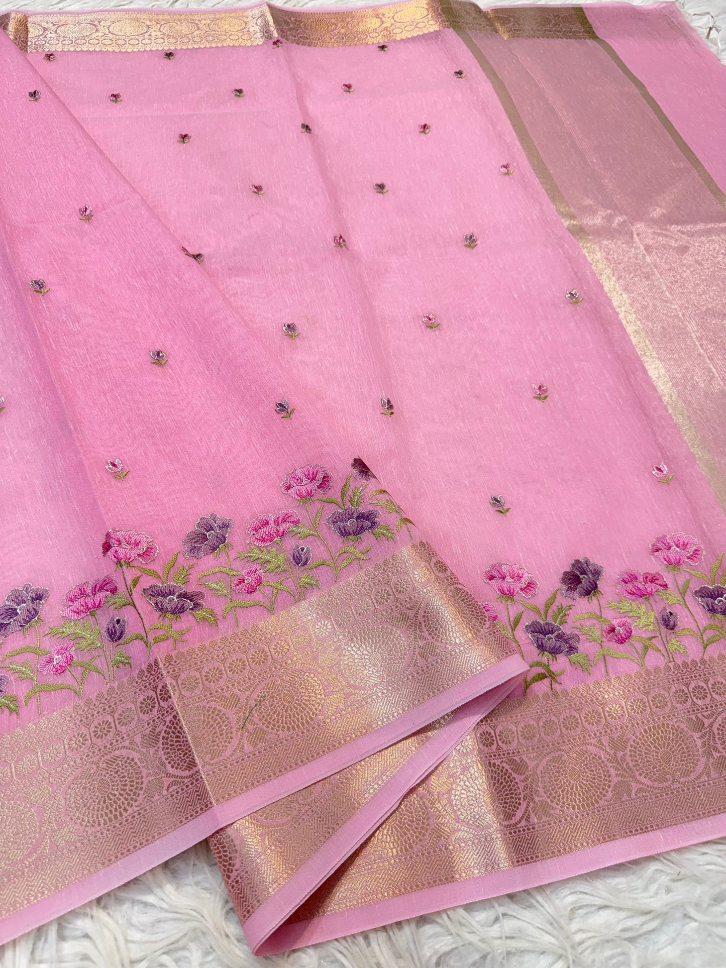 Pink green shade linen embroidery Banarasi saree