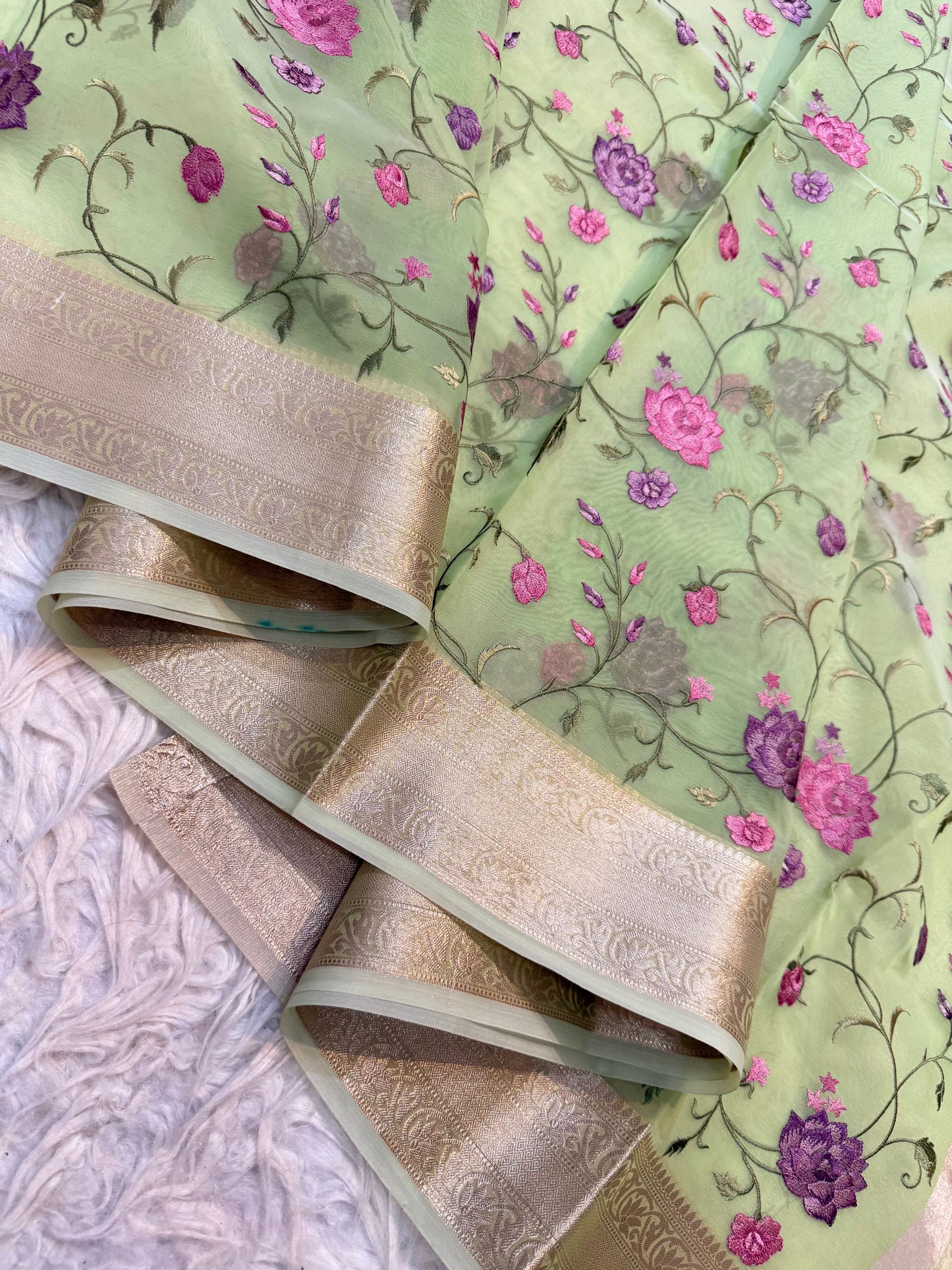 Pista green shade organza embroidery Banarasi saree
