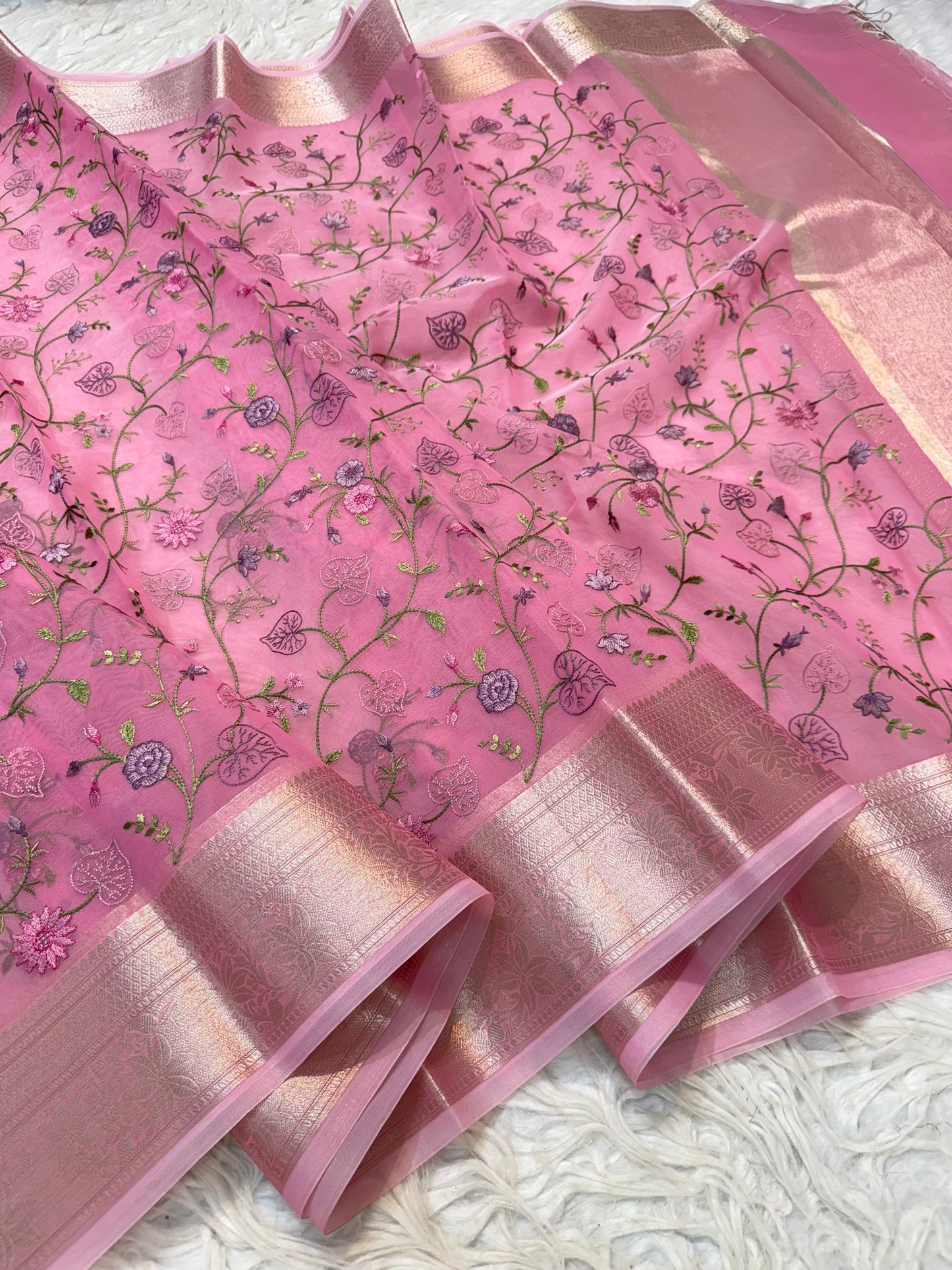 Pink shade shade organza embroidery Banarasi saree