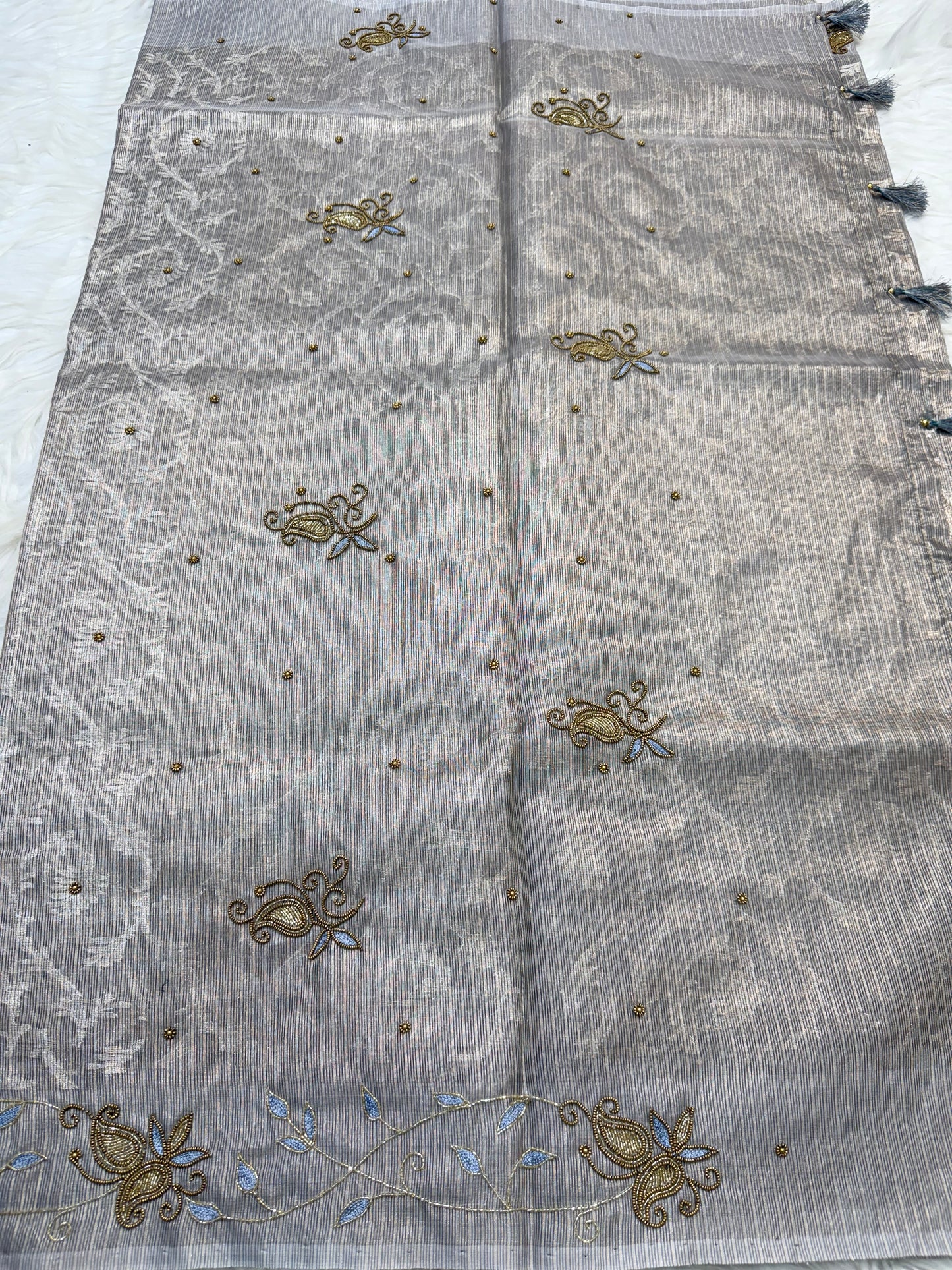 Gray shade tissue kota zardosi work premium Banarasi saree