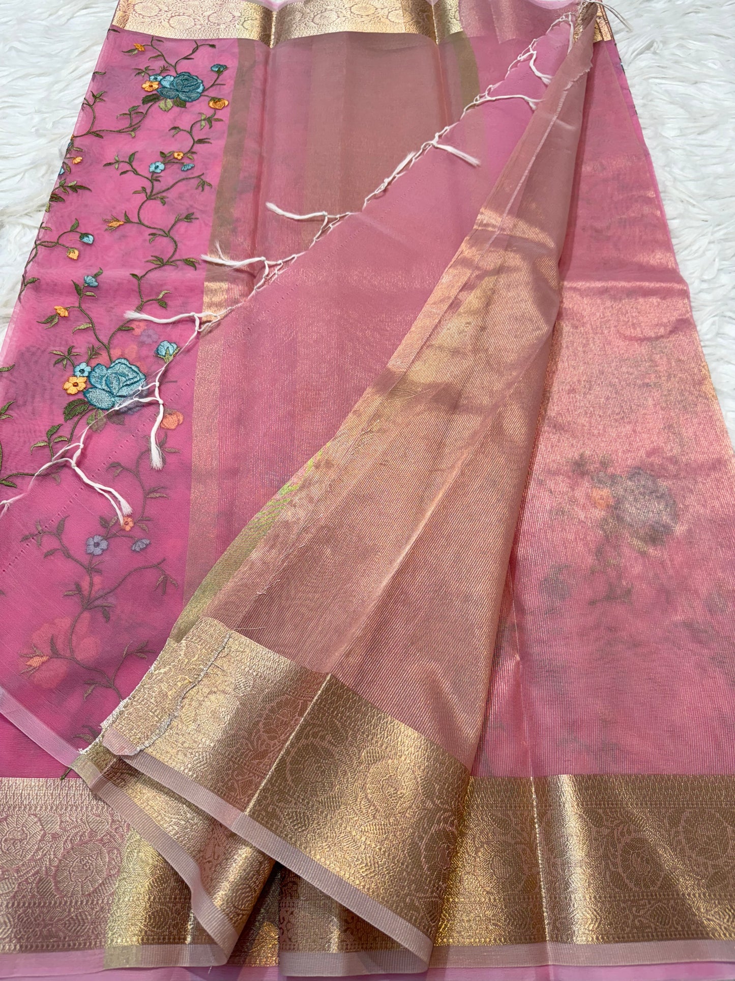 Pink shade organza embroidery Banarasi saree