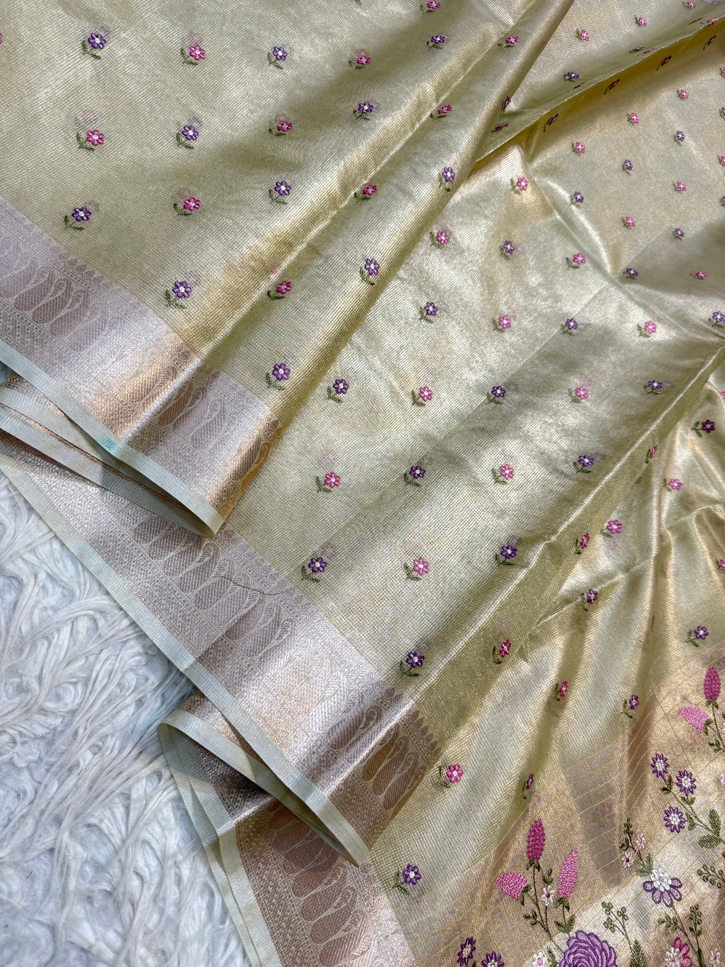 Pista green shade tissue kota embroidery primum Banarasi saree