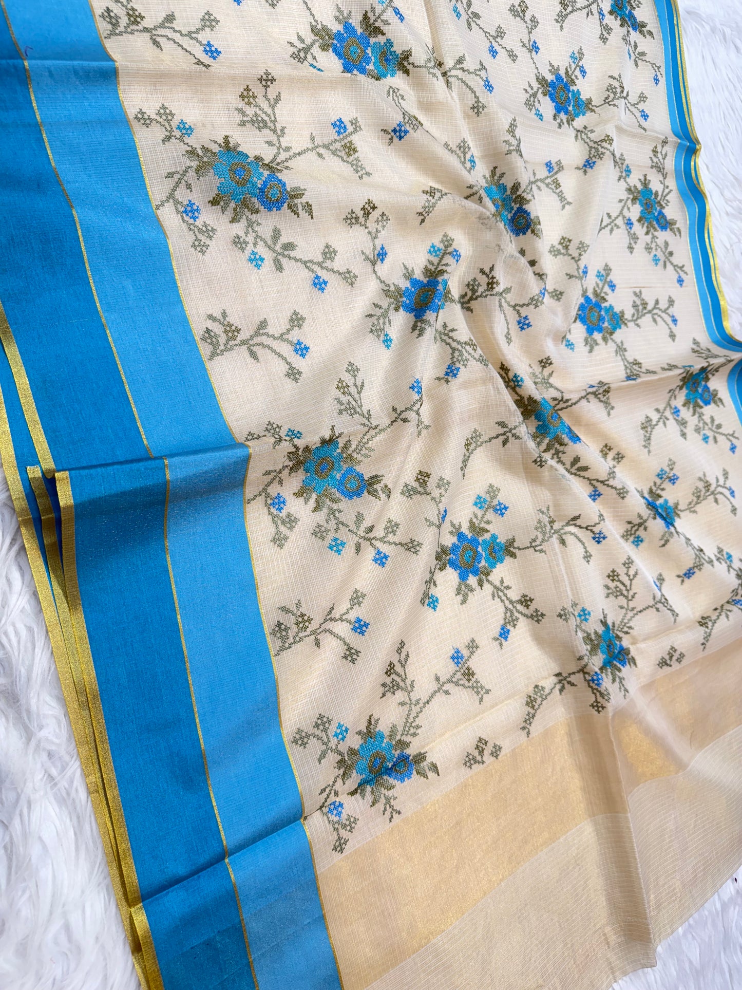 Off White powder blue shade tissue kota embroidery Banarasi saree