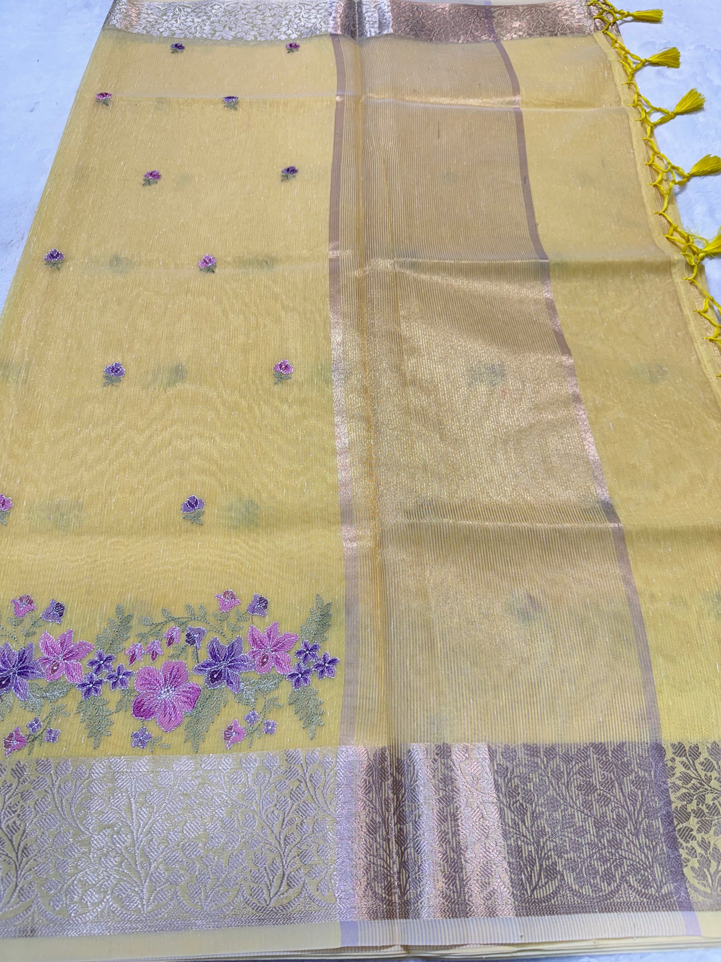 Yellow shade linen designer embroidery Banarasi saree