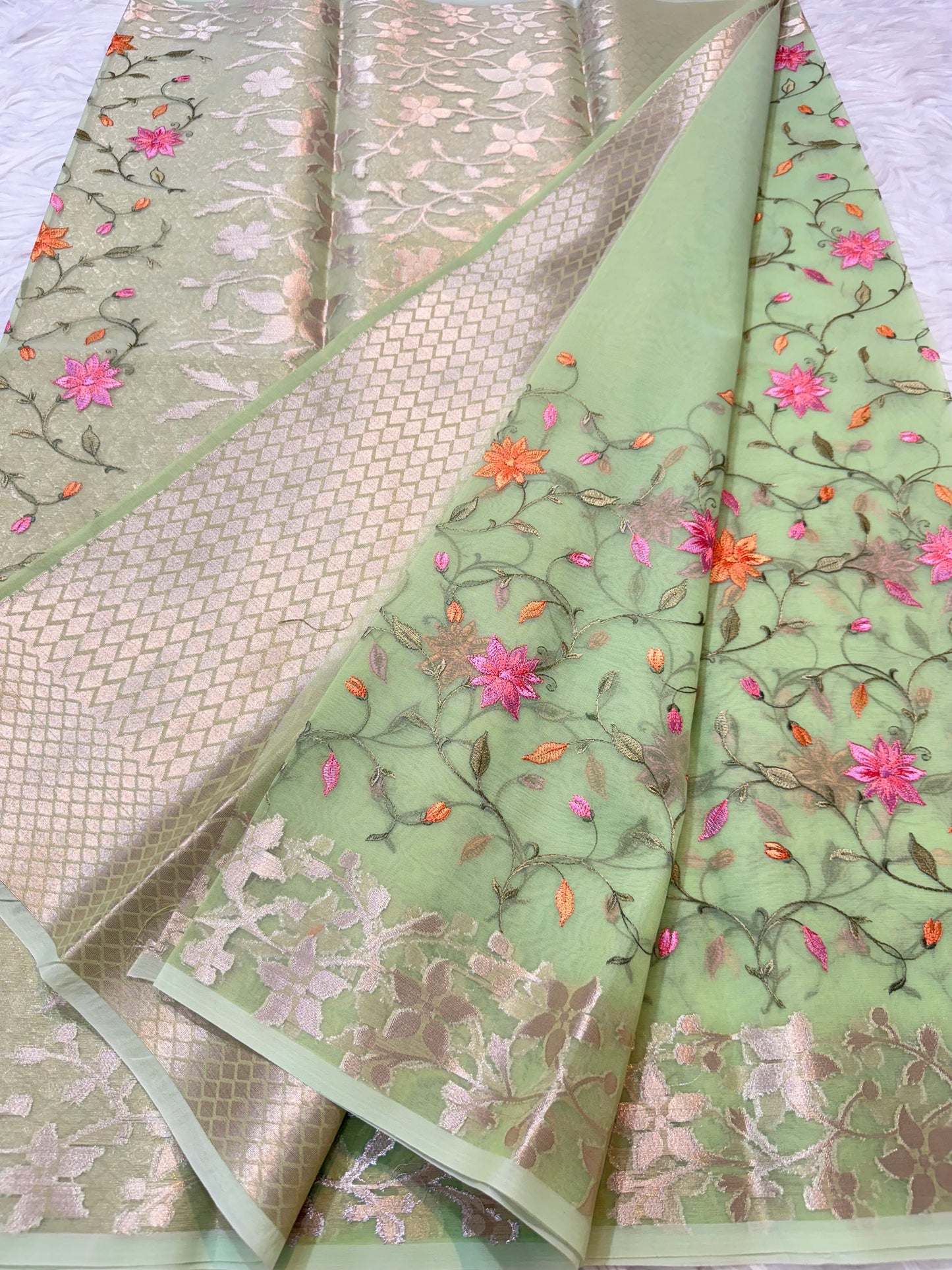 Pista green shade kora organza embroidery Banarasi saree
