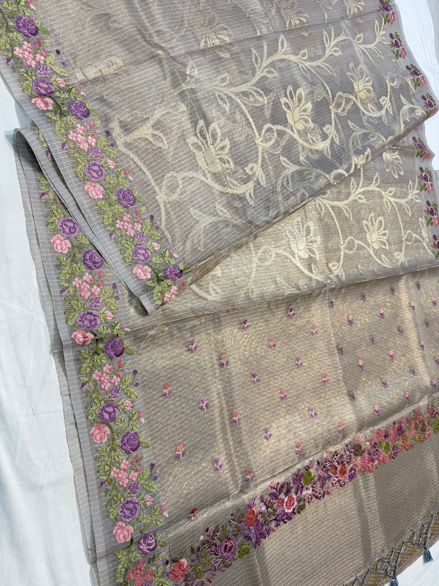 Grey shade tissue kota embroidery primum Banarasi saree