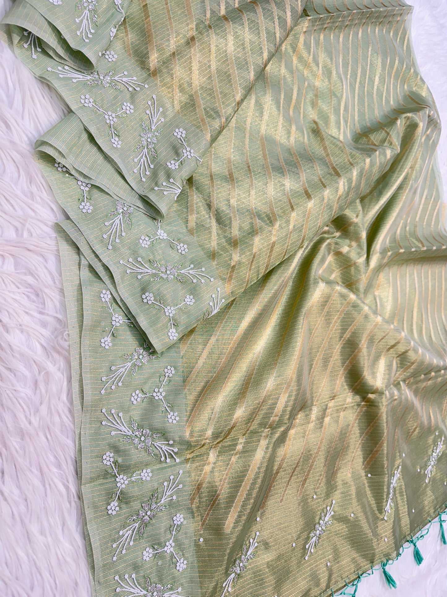 Pista green shade tissue kota zardosi work premium Banarasi saree