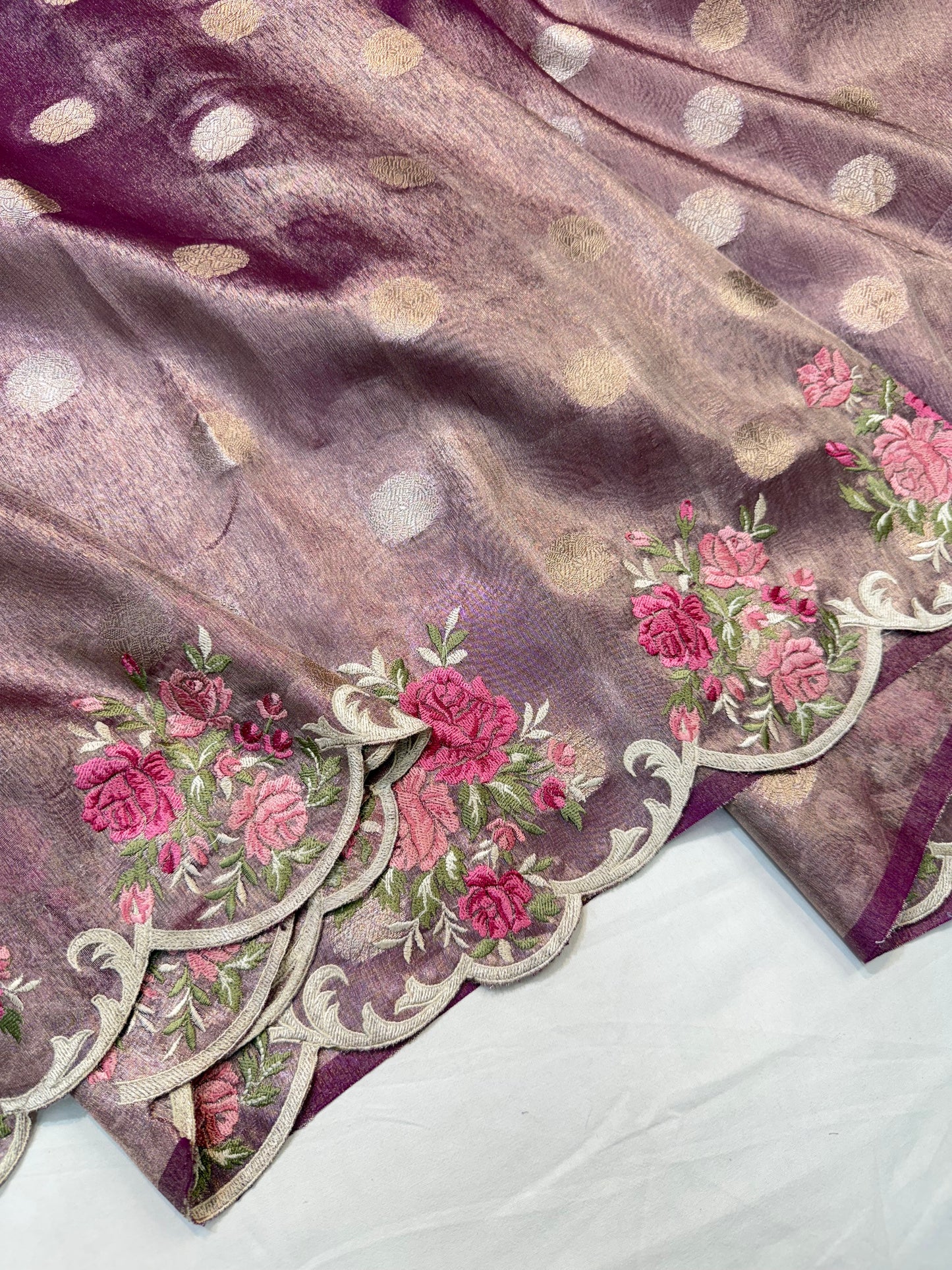 Magenta tissue cutwork embroidery premium designer Banarasi saree