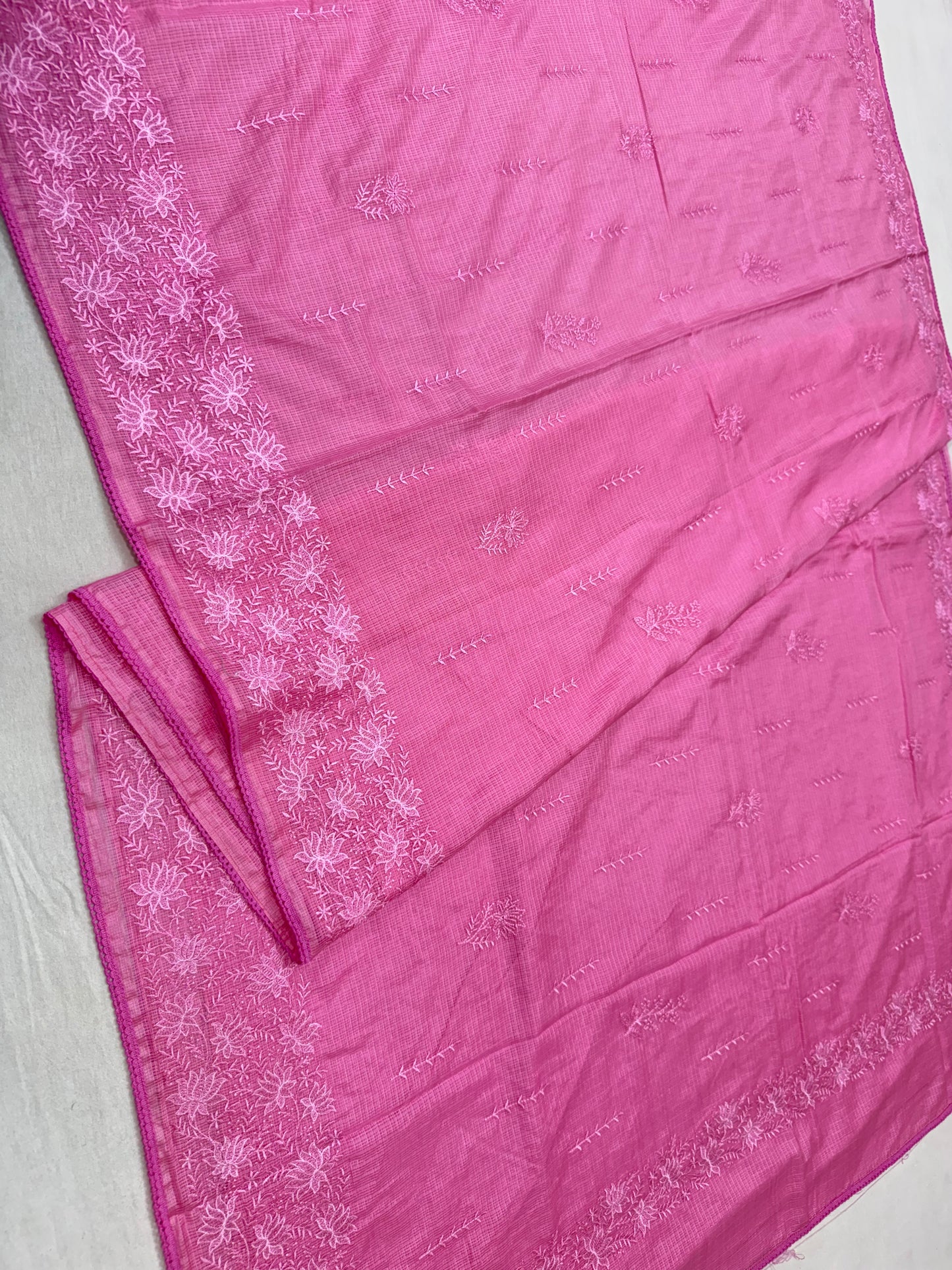 Pink shade cotton kota chickenkari embroidery Banarasi saree