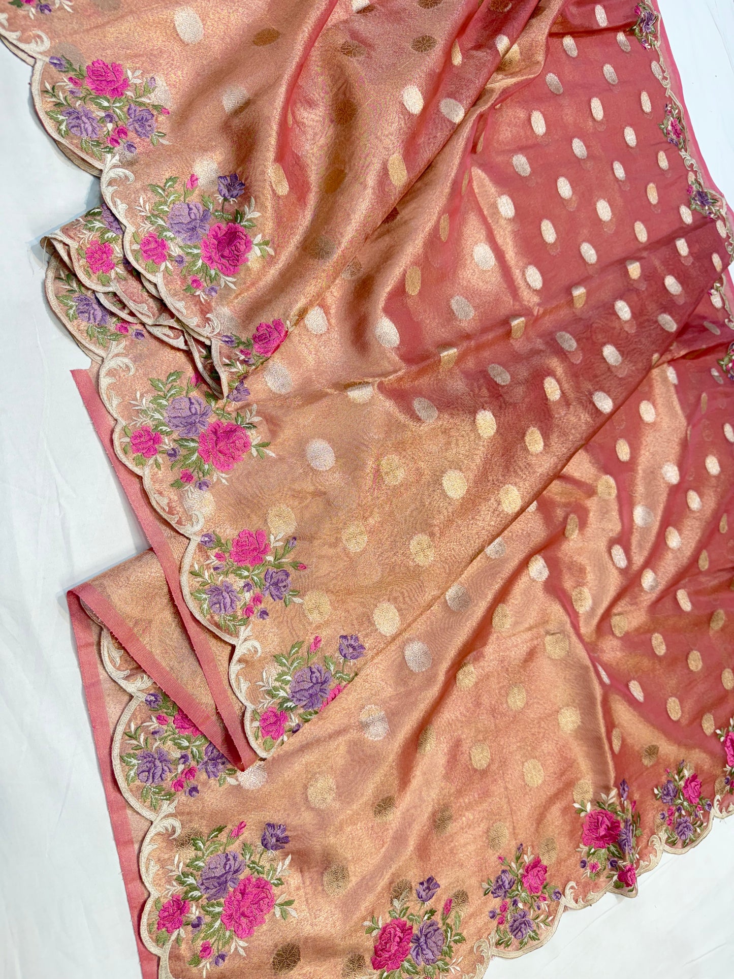 Pink tissue cutwork embroidery premium designer Banarasi saree