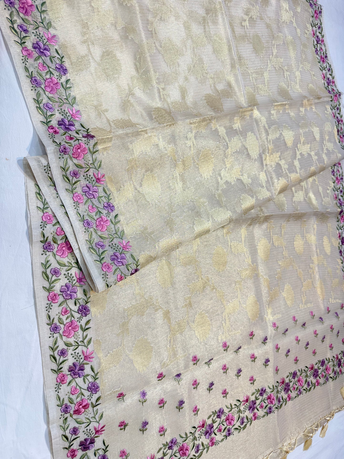 Off white shade tissue kota designer embroidery premium Banarasi saree