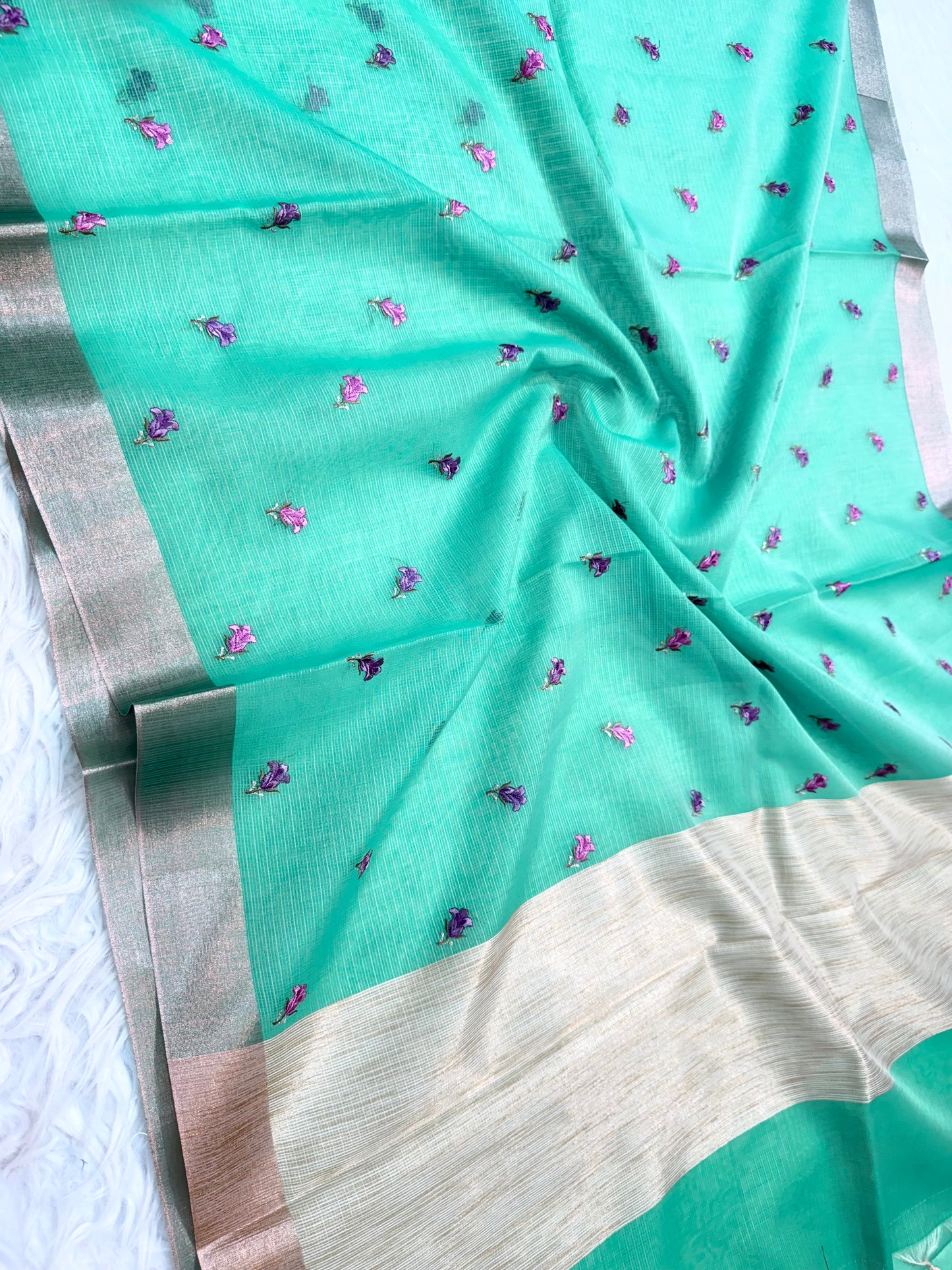 Sea green green shade cotton kota embroidery Banarasi saree