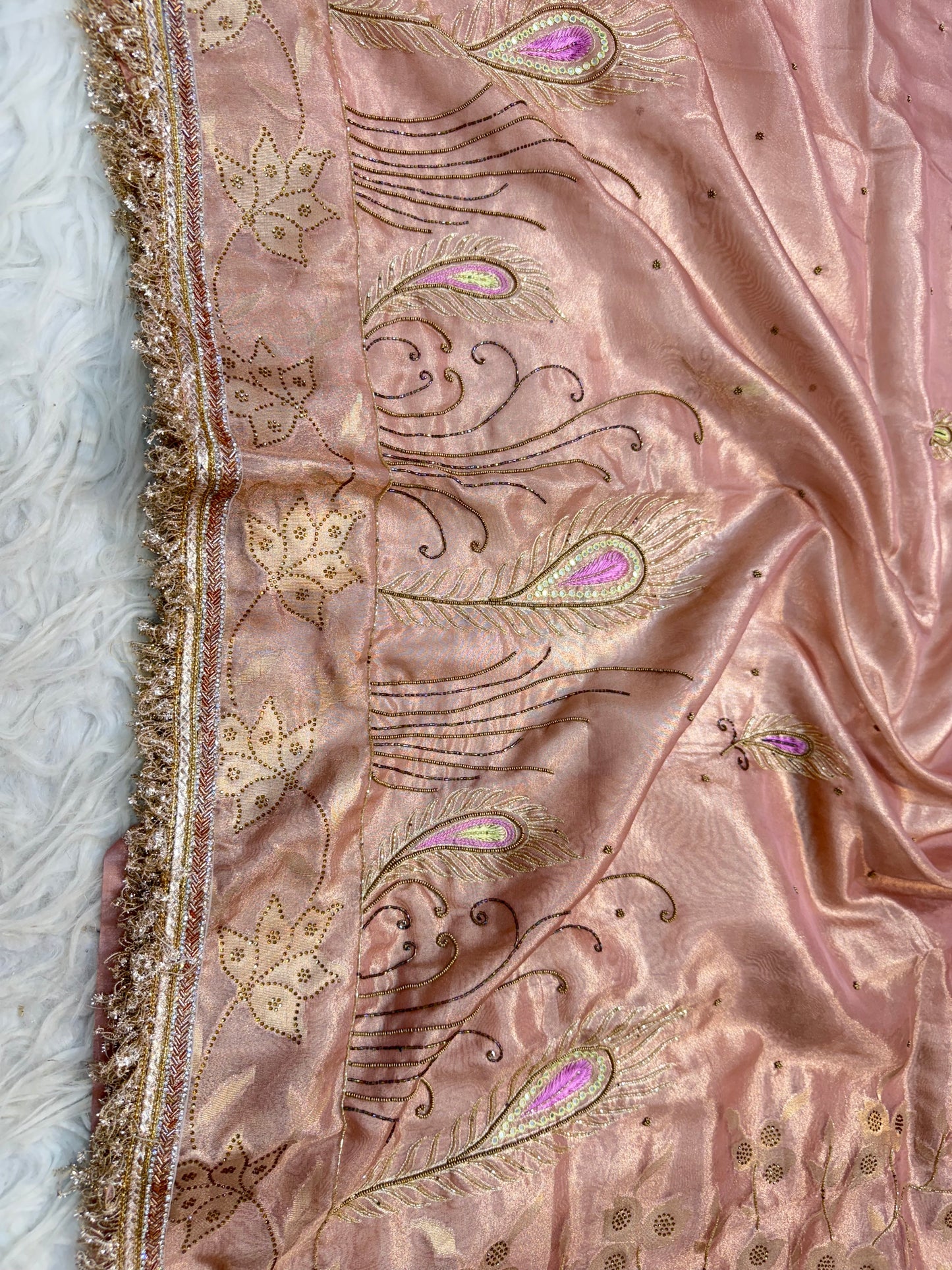 Peach shade tissue ari & zardosi work designer premium Banarasi saree