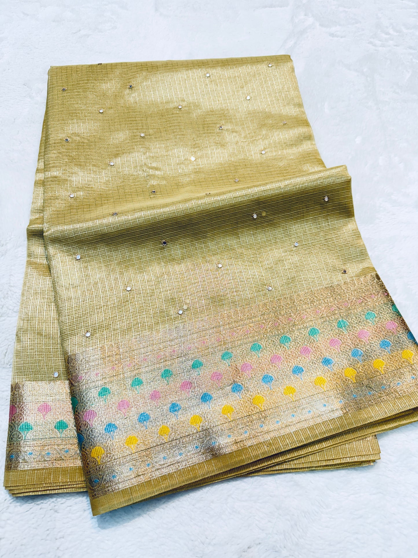 Beige shade tissue kota mirror work premium Banarasi saree
