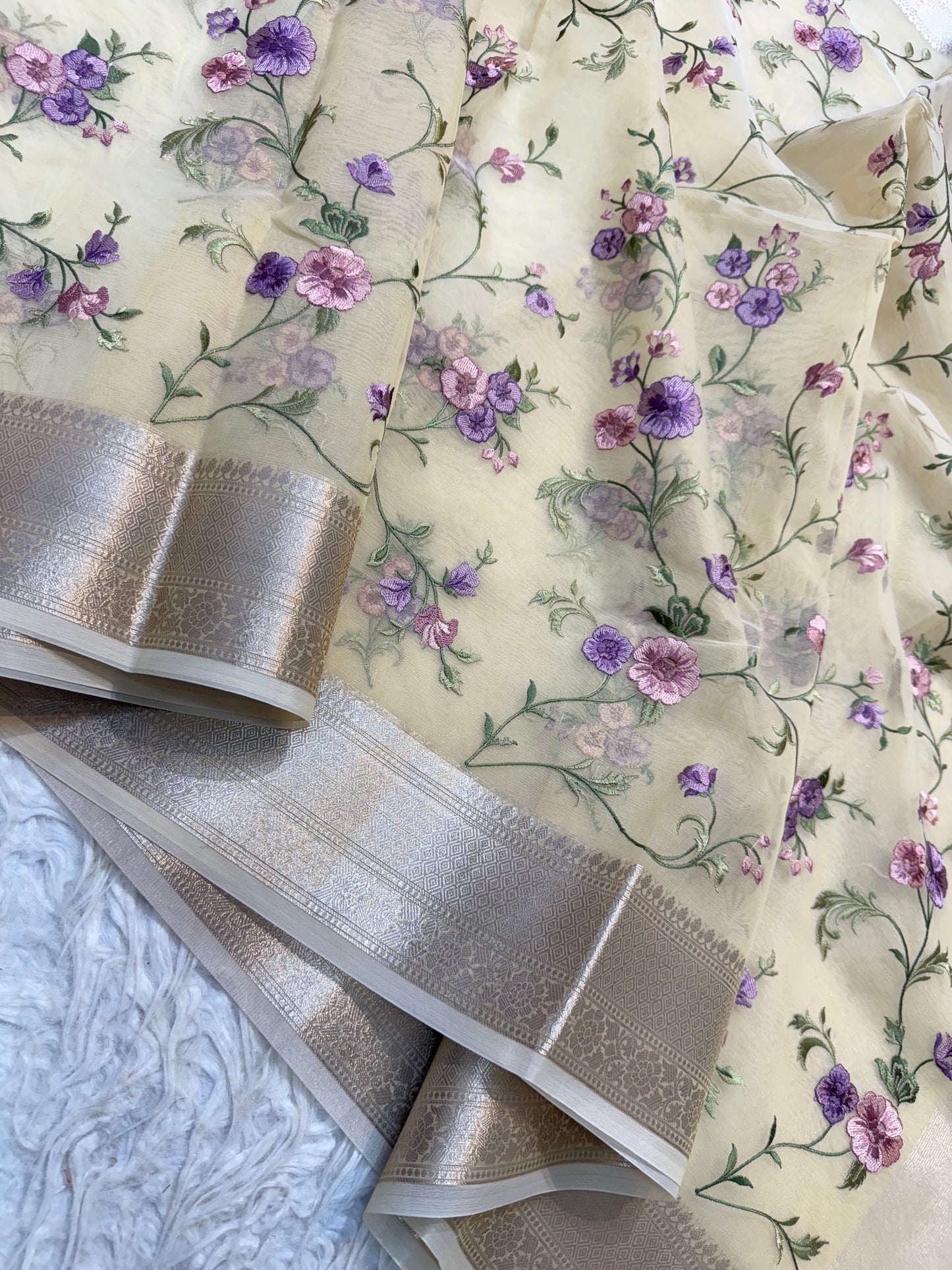 Beige shade organza embroidery Banarasi saree