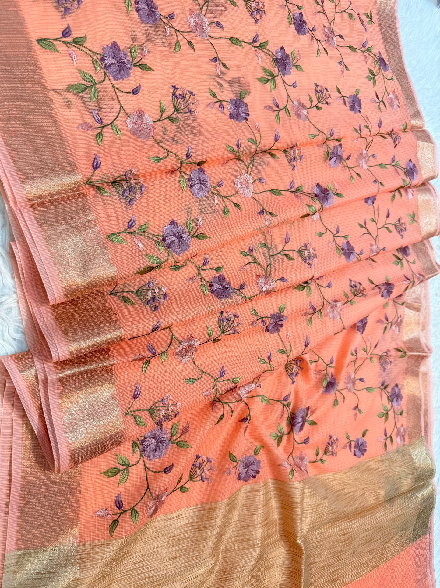 Peach shade kota embroidery Banarasi saree