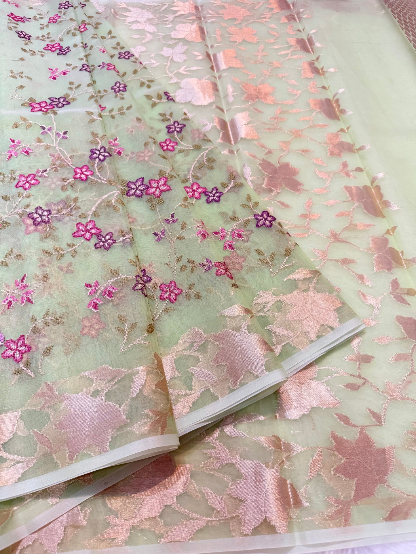 Parrot green shade kora organza embroidery Banarasi saree