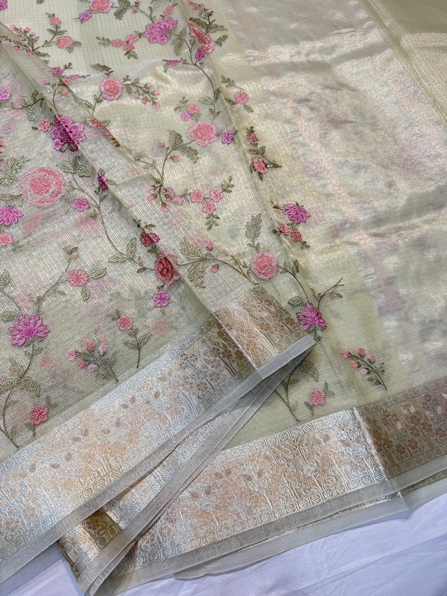 Pista green shade tissue kota embroidery primum Banarasi saree