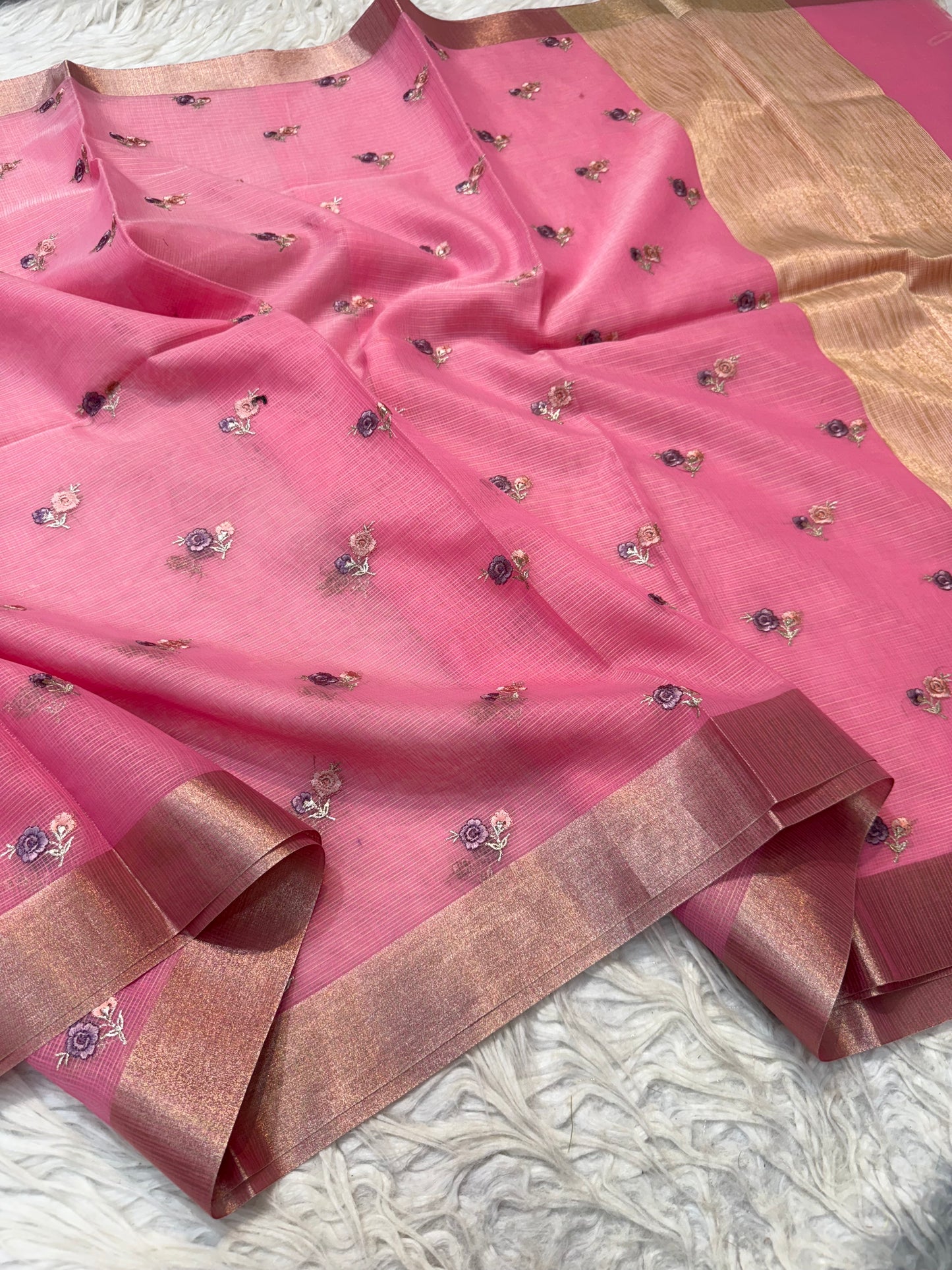 Pink shade cotton kota embroidery Banarasi saree