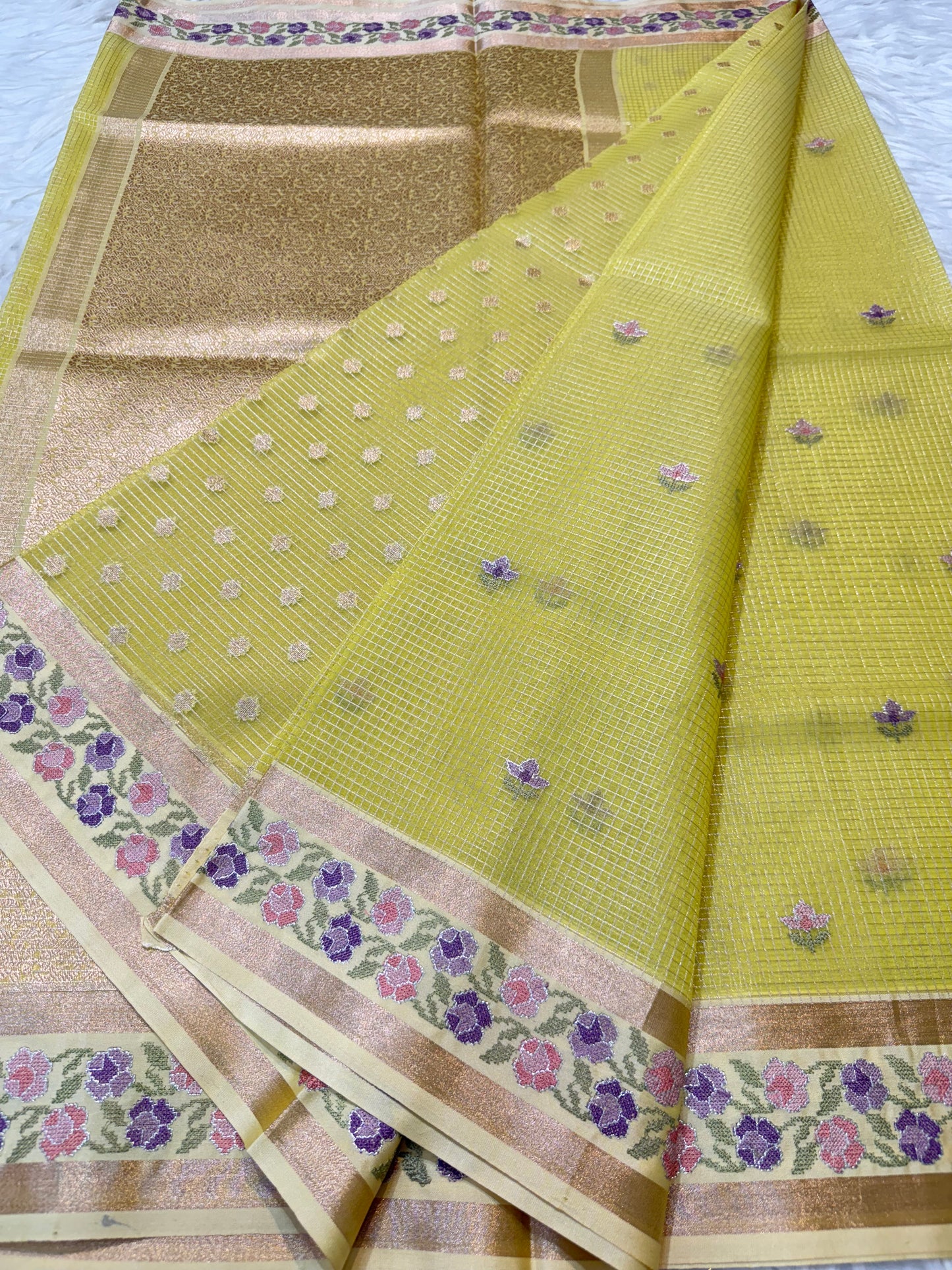 Mustard shade kora organza embroidery Banarasi saree