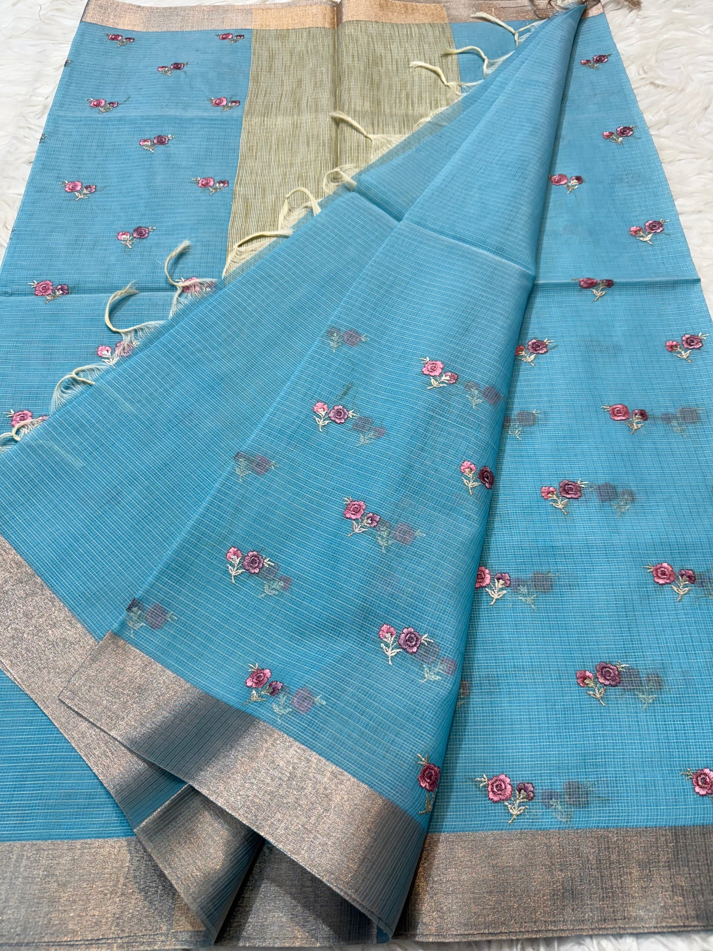 Sky blue shade cotton kota embroidery Banarasi saree