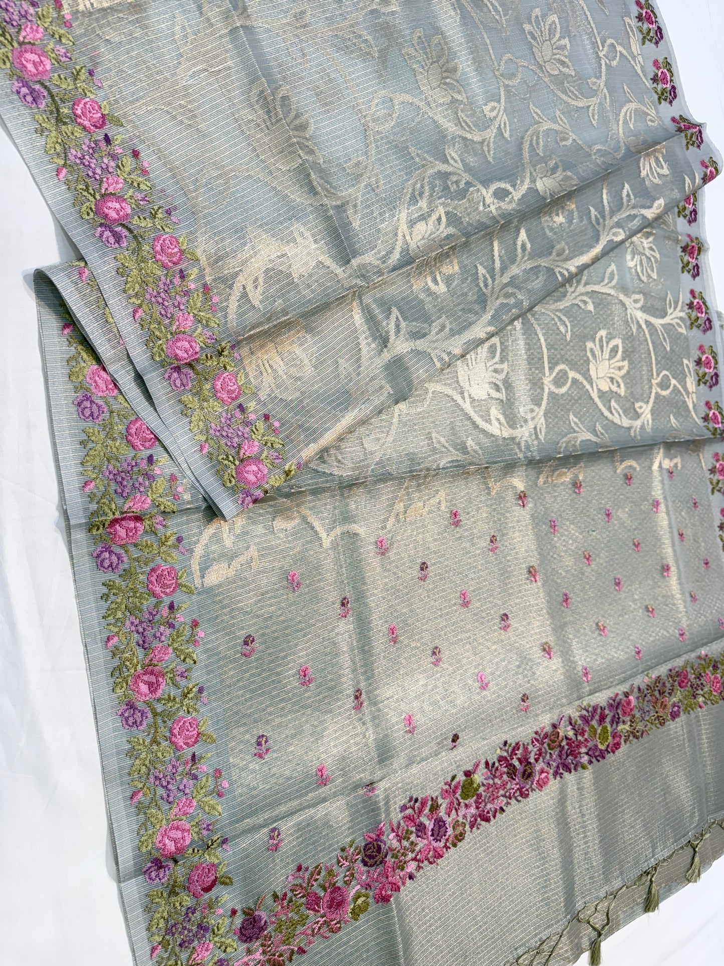 Pista green shade tissue kota embroidery primum Banarasi saree