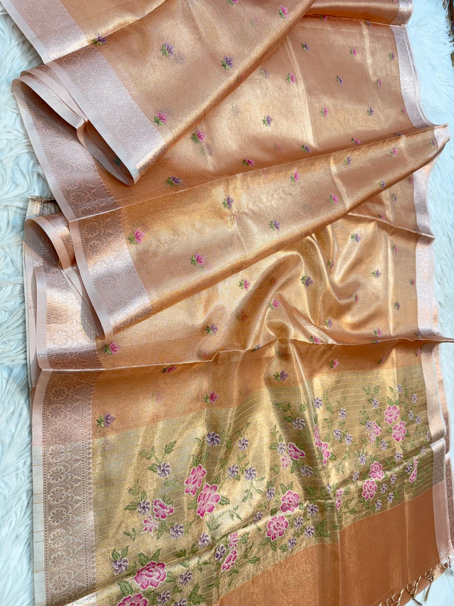 Pink shade tissue kota embroidery primum Banarasi saree