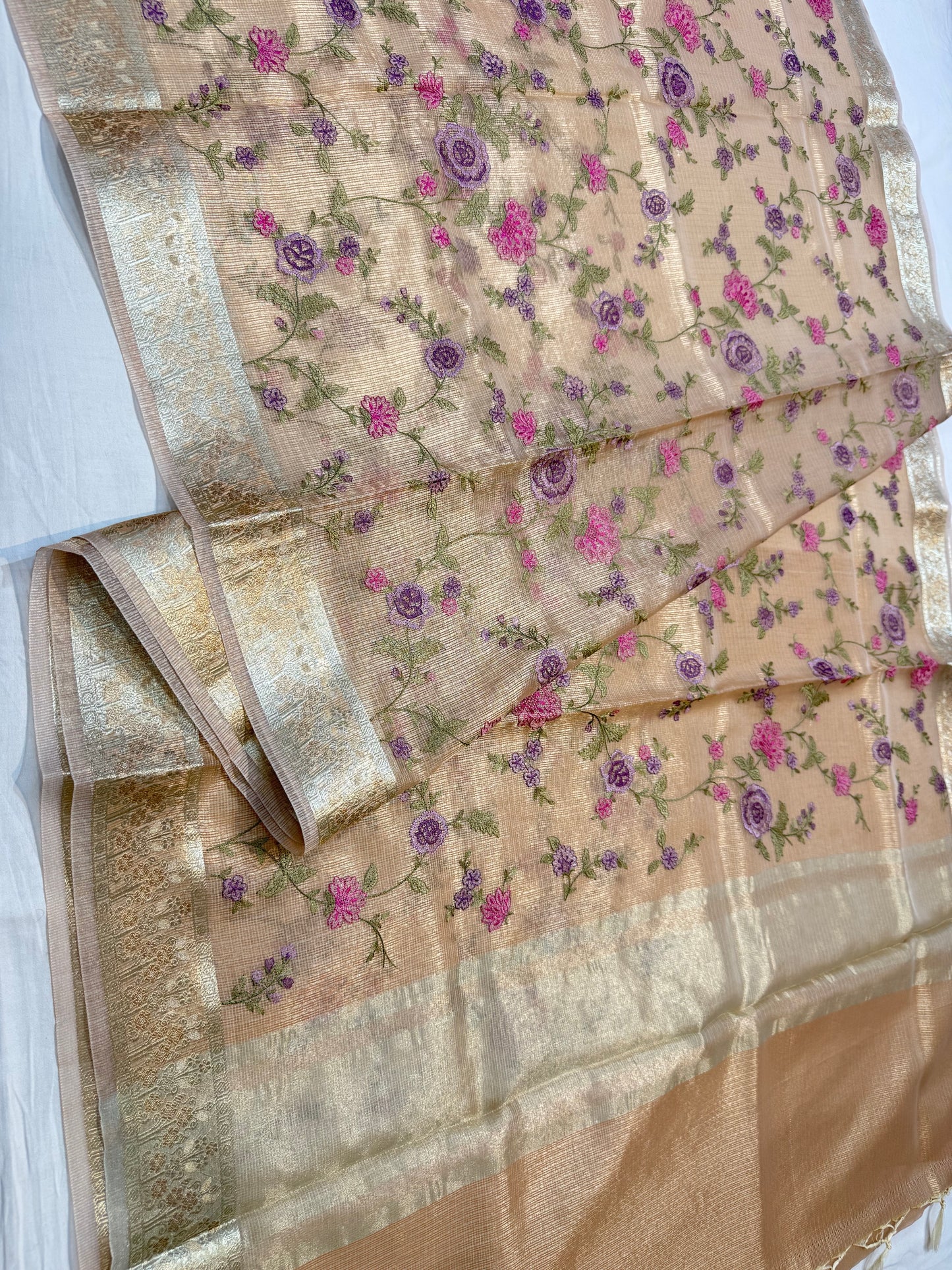 Beige shade tissue kota embroidery primum Banarasi saree