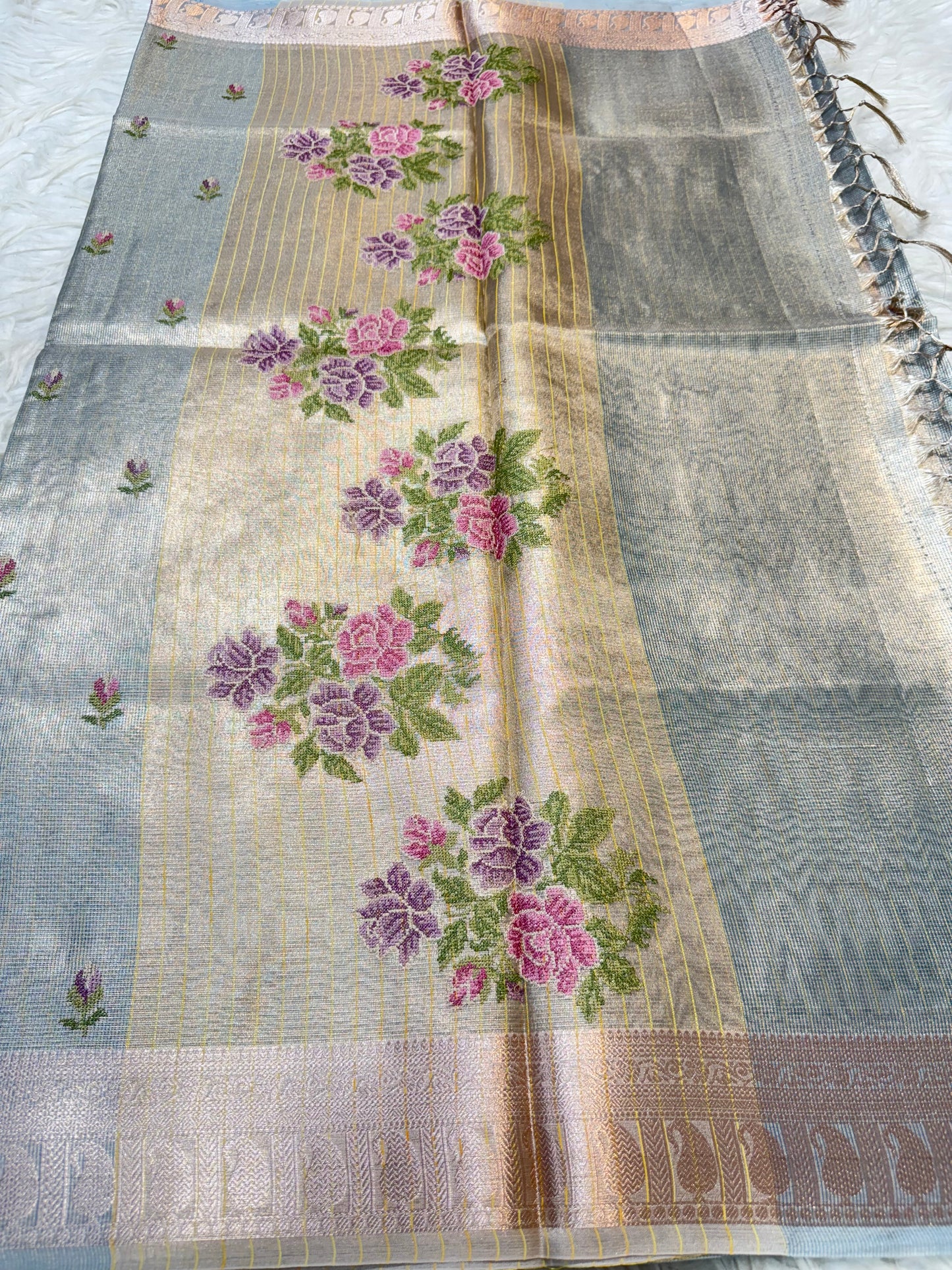 Sea green shade tissue kota embroidery primum Banarasi saree