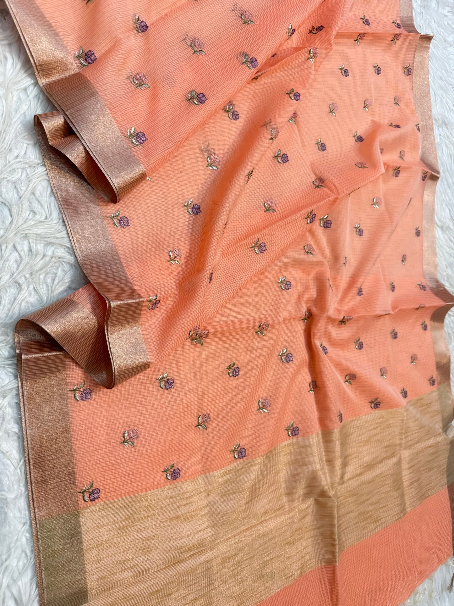 Peach shade cotton kota embroidery Banarasi saree