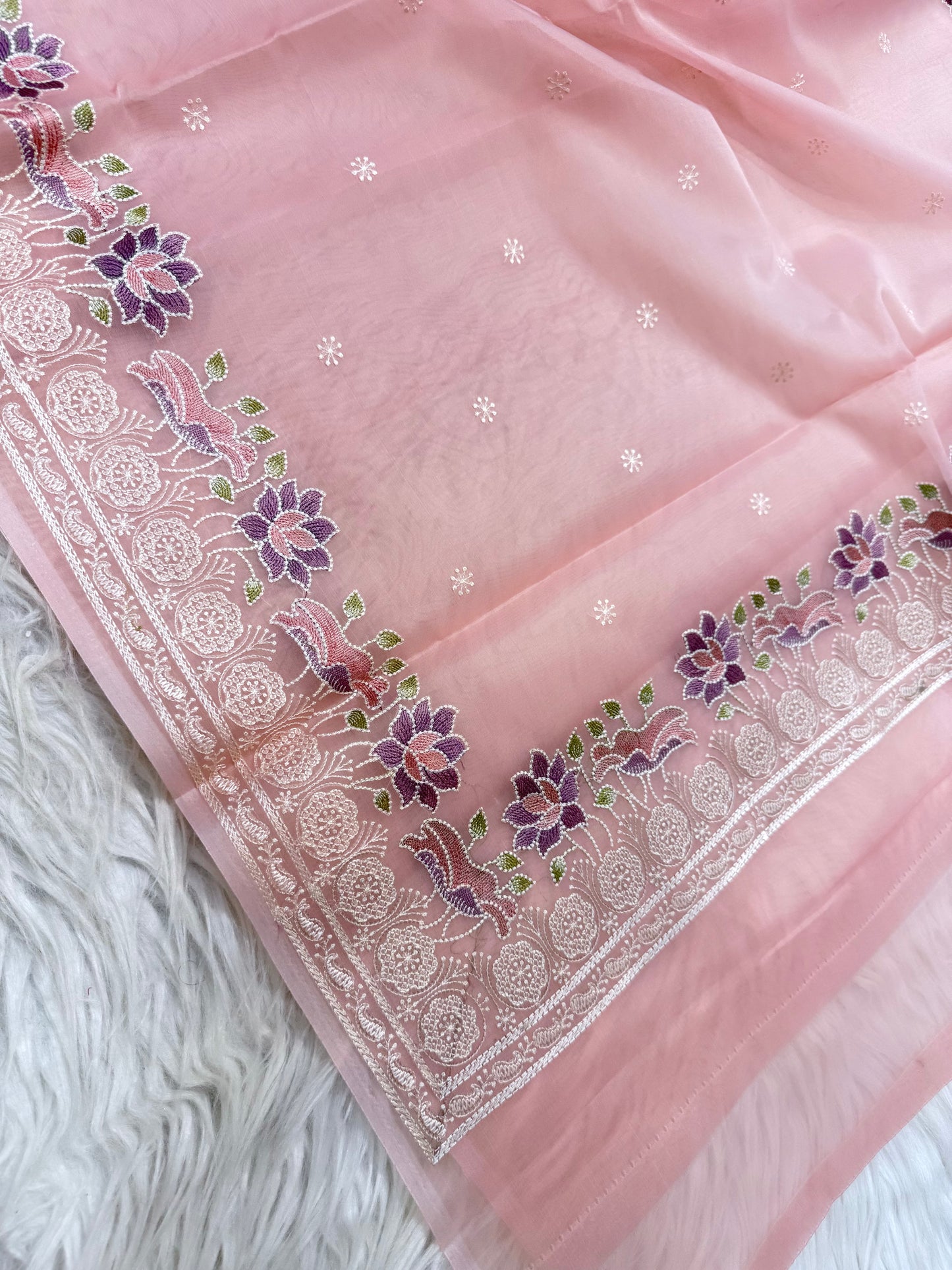Pink shade kora organza digital print embroidery Banarasi saree