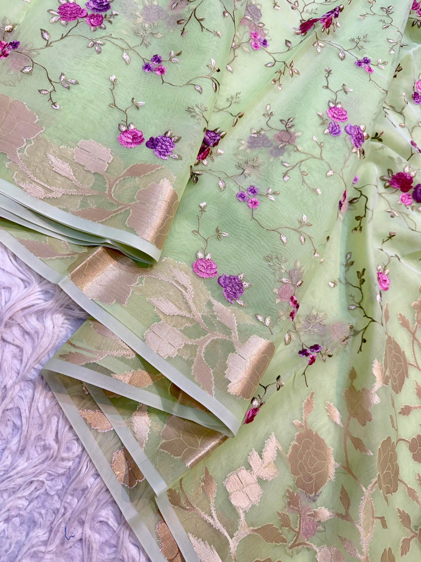 Pista green shade kora organza embroidery Banarasi saree