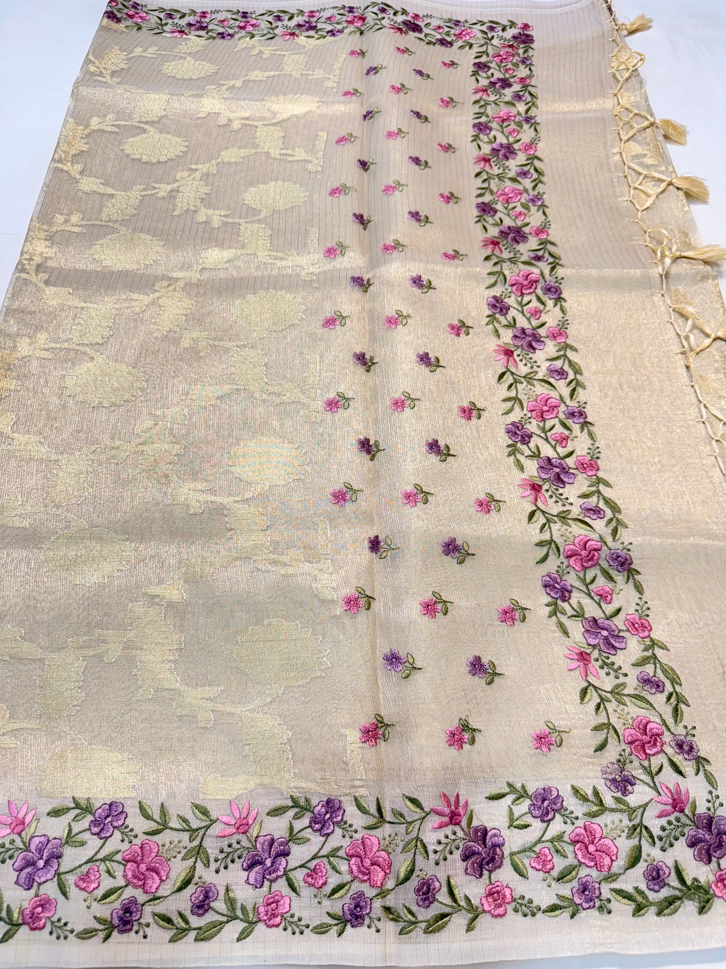 Off white shade tissue kota designer embroidery premium Banarasi saree