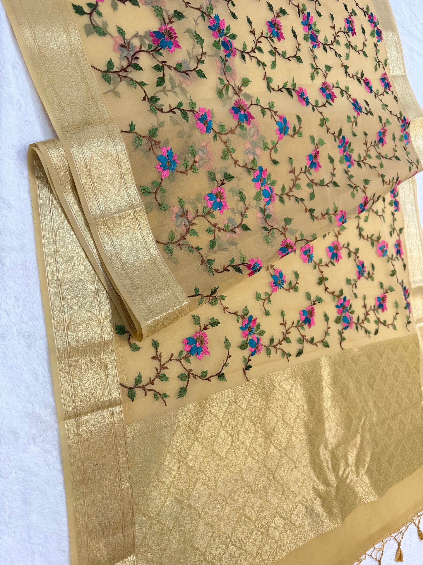 Beige shade organza designer premium embroidery Banarasi saree